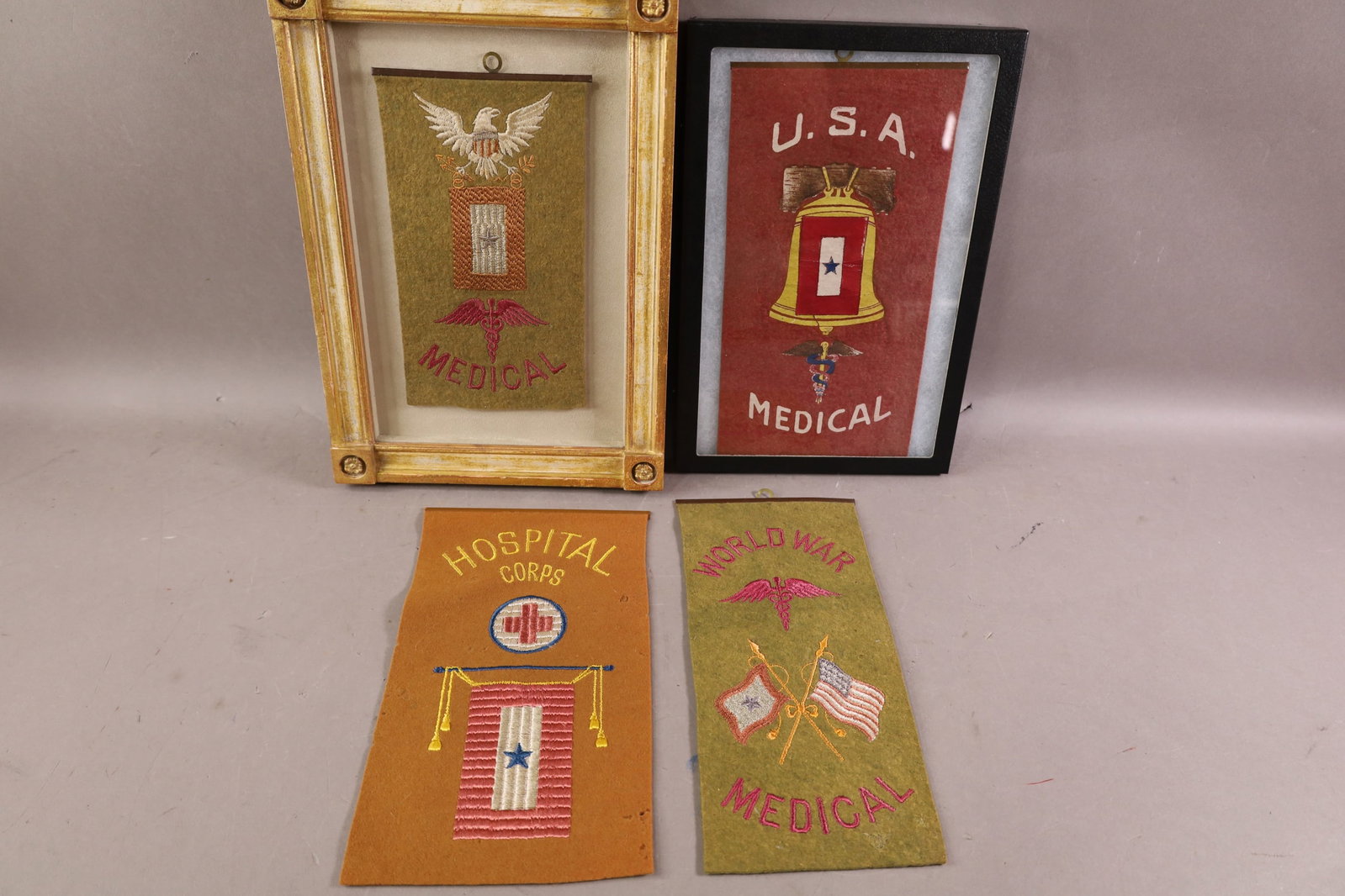 4 WWI SON IN SERVICE BANNERS: SON IN SERVICE" WINDOW BANNERS, MEDICAL / HOSPITAL BANNERS. ONE IS FRAMED. 9" - 11