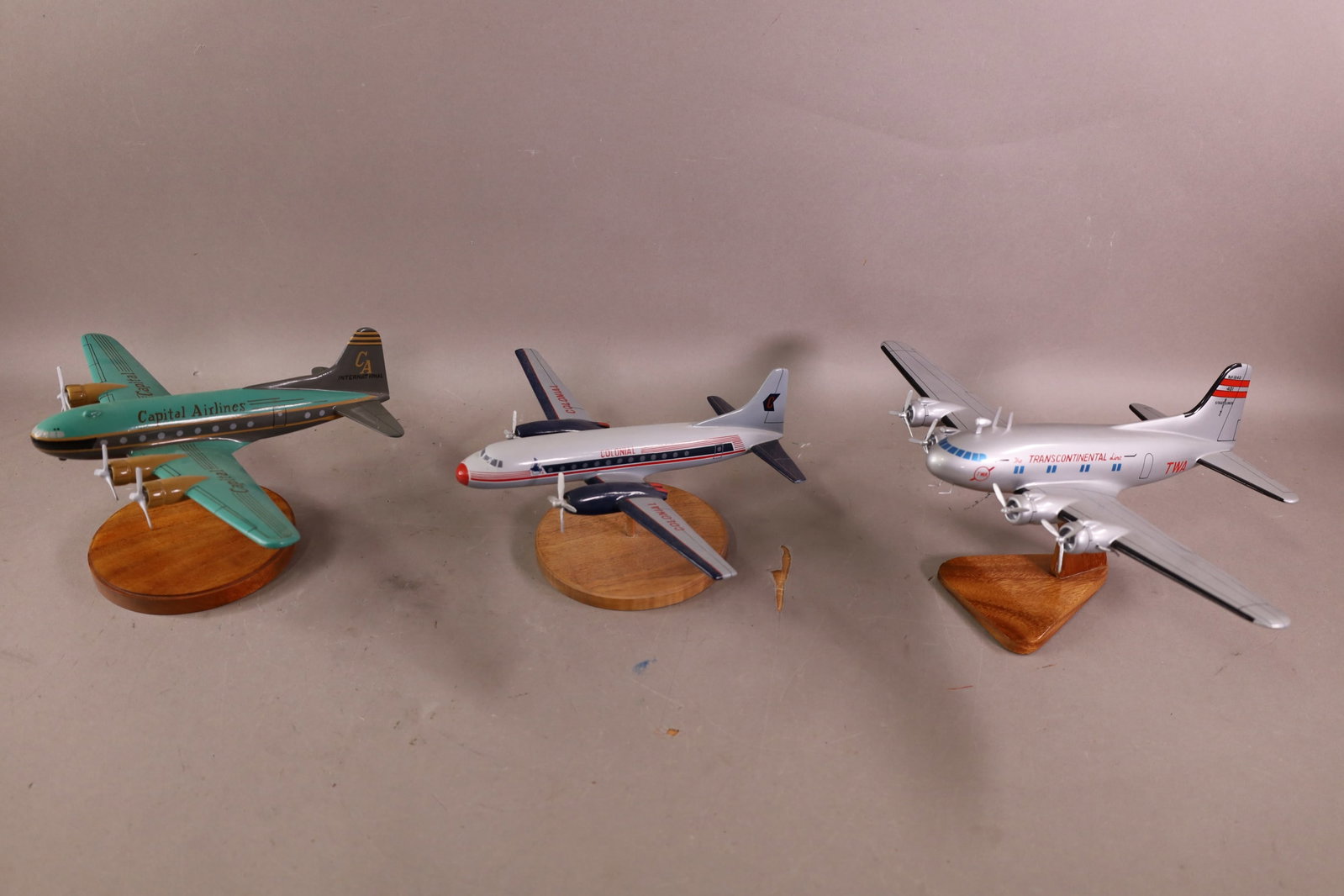 3 AIRLINE MODELS: TRANSCONTINENTAL, CAPITAL AIRLINES, COLONIAL.