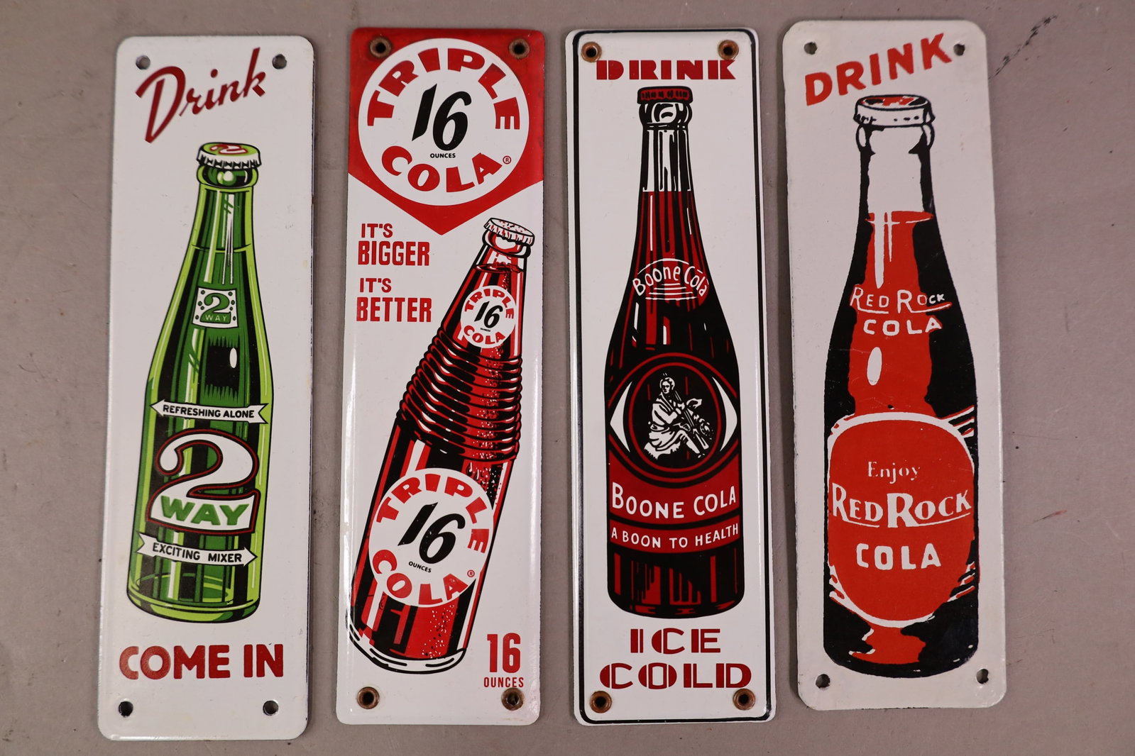 4 SODA DOOR PUSH SIGNS: RED ROCK, TRIPLE 16. LOOK TO BE MODERN. 3 x 10"
