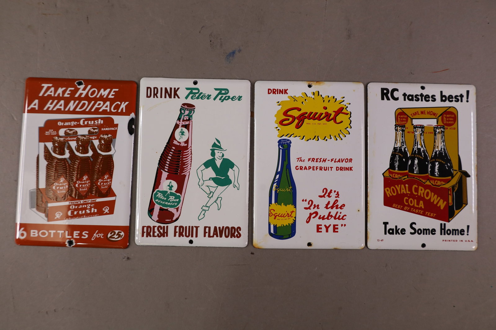 4 SODA DOOR PUSH SIGNS: SQUIRT, ROYAL CROWN, LOOK TO BE MODERN. 4" x 6"