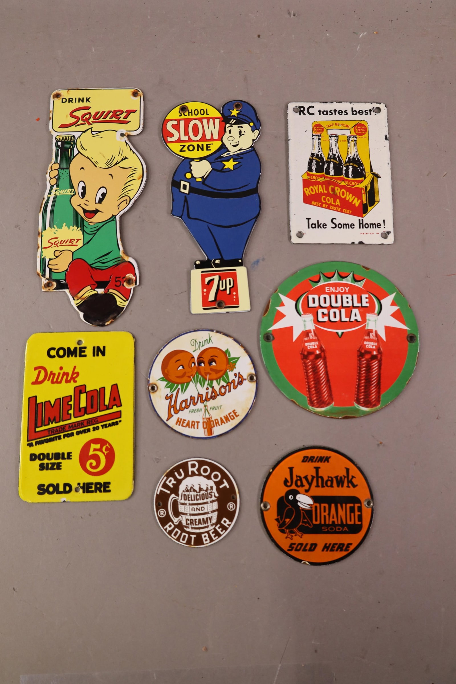 8 SODA SIGNS: SMALL REPRODUCTION SODA SIGNS.