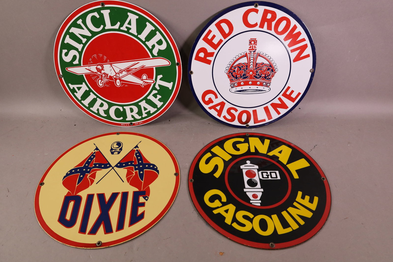 4 REPRODUCTION PUMP PLATES: RED CROWN, SINCLIAR, 11 1/2" x DIAM.