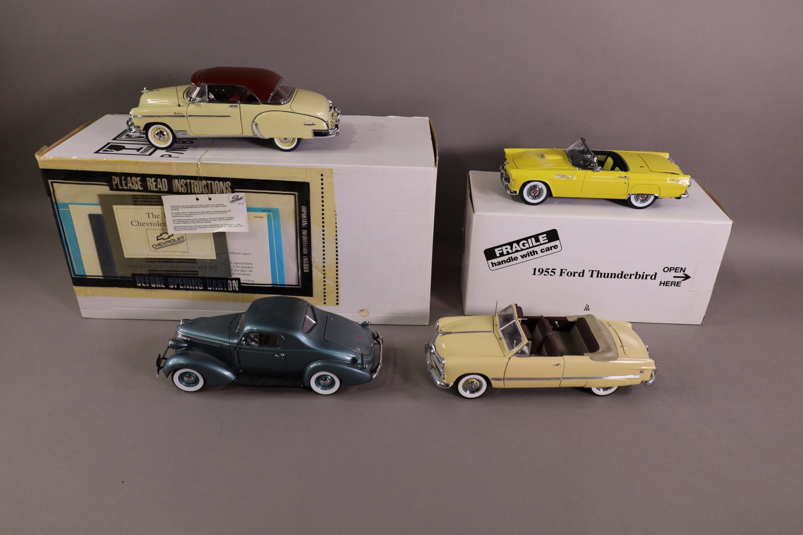 4 DIECAST CARS: 3 DANBURY MINT & FRANKLIN MINT, 2 WITH BOXES. 7" - 8" L