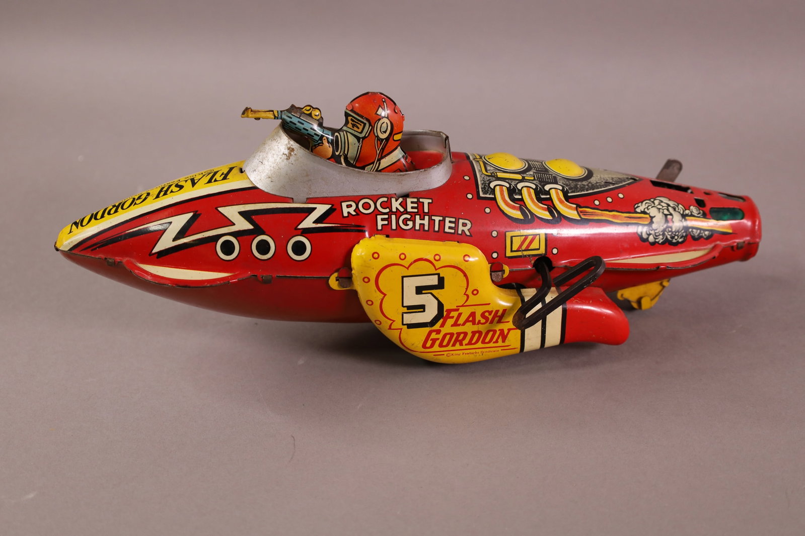 MARX FLASH GORDON WIND UP ROCKET FIGHTER: TIN LITHO KING FEATURES SYNDICATE. ROCKET FIGHTER. NO SPARK. 12" L.