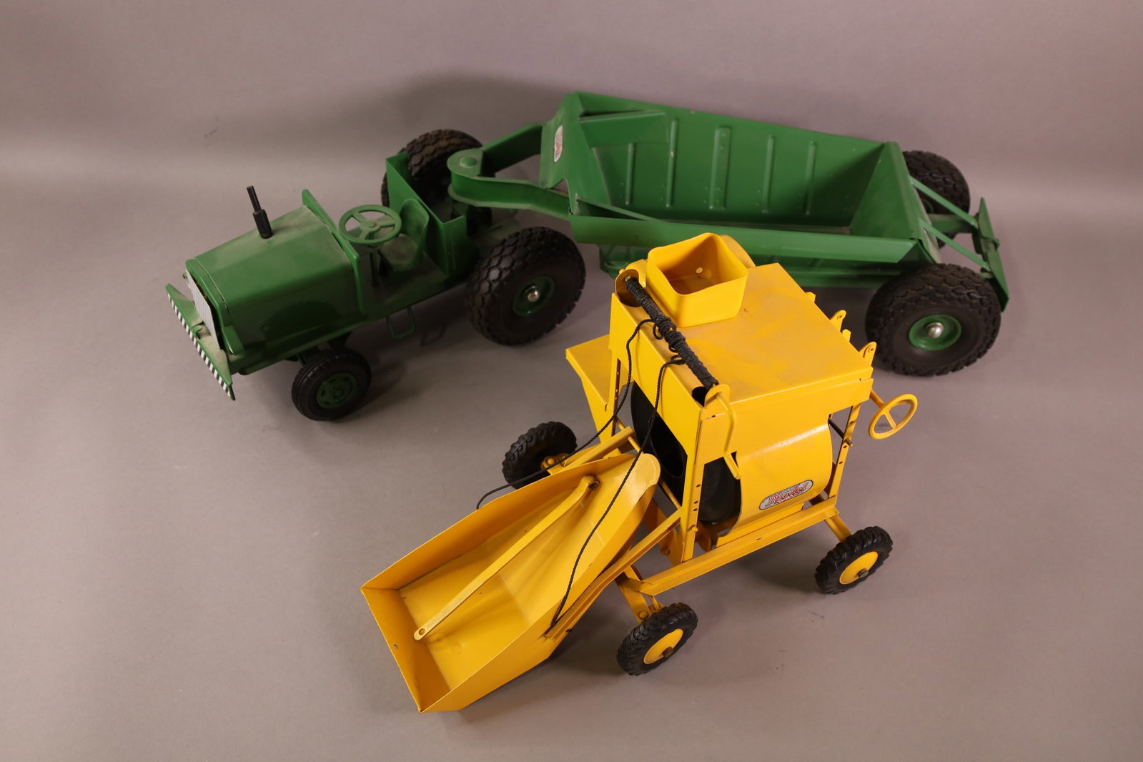 2 DOEPKE MODEL TOYS: JAEGER CEMENT MIXER & EUCLID BELLY DUMP. RESTORED. 27" L & 14"