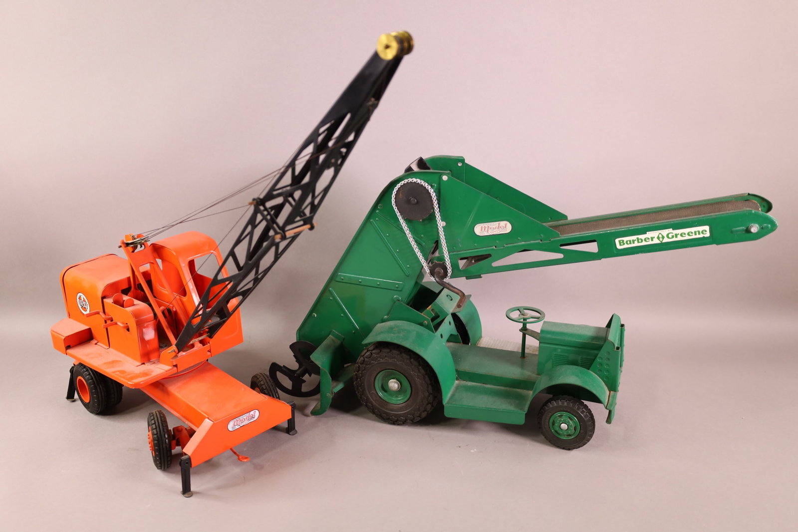 2 DOEPKE MODEL TOYS: BARBER GREENE, CHAIN REPLACED, BELT IS BROKEN. & UNIT CRANE, RESTORED. 20" L & 23" L