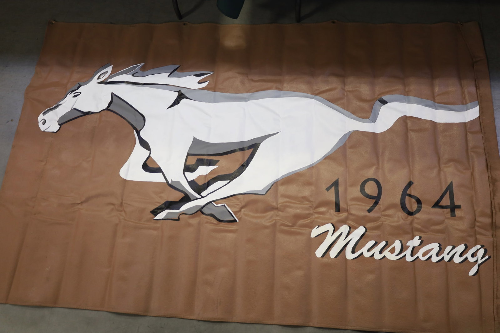 HUGE 1964 FORD MUSTANG BANNER: HAND PAINTED 1964 MUSTANG BANNER. 102" x 64" ODOR.