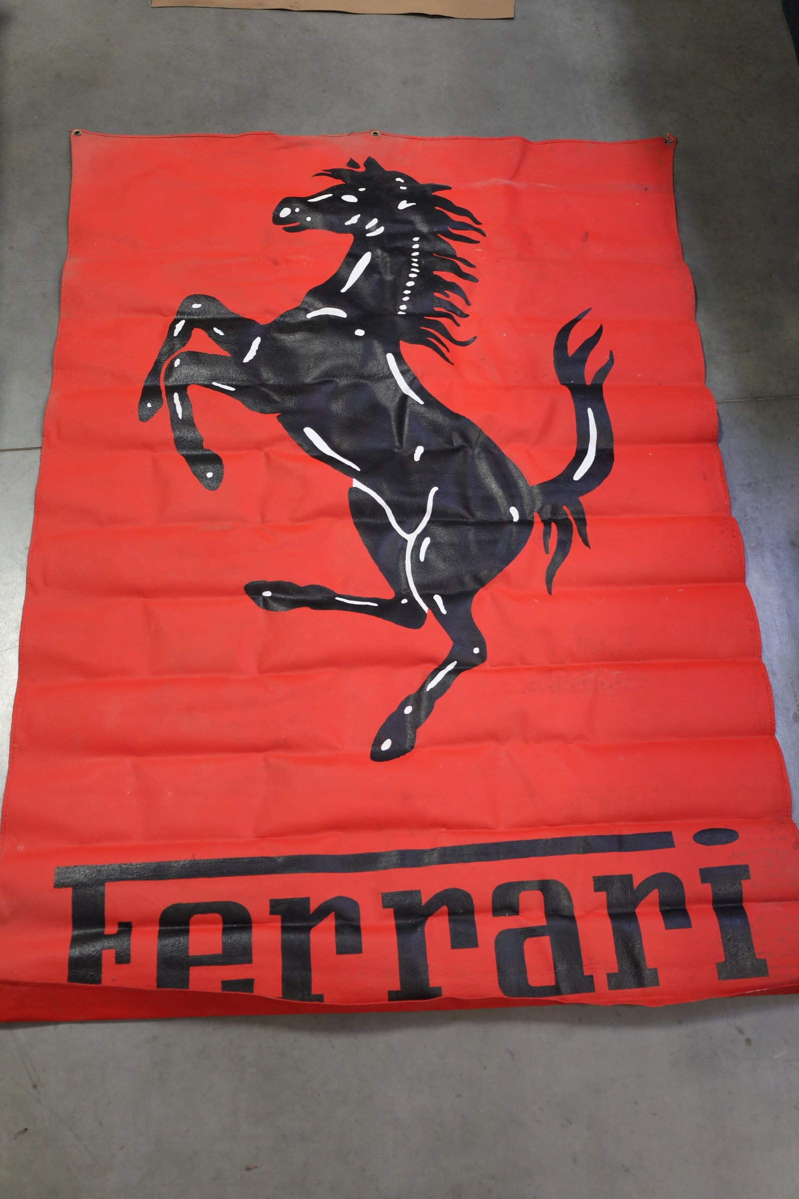LARGE FERRARI BANNER: HAND PAINTED FERRARI BANNER. 96" x 64" ODOR.