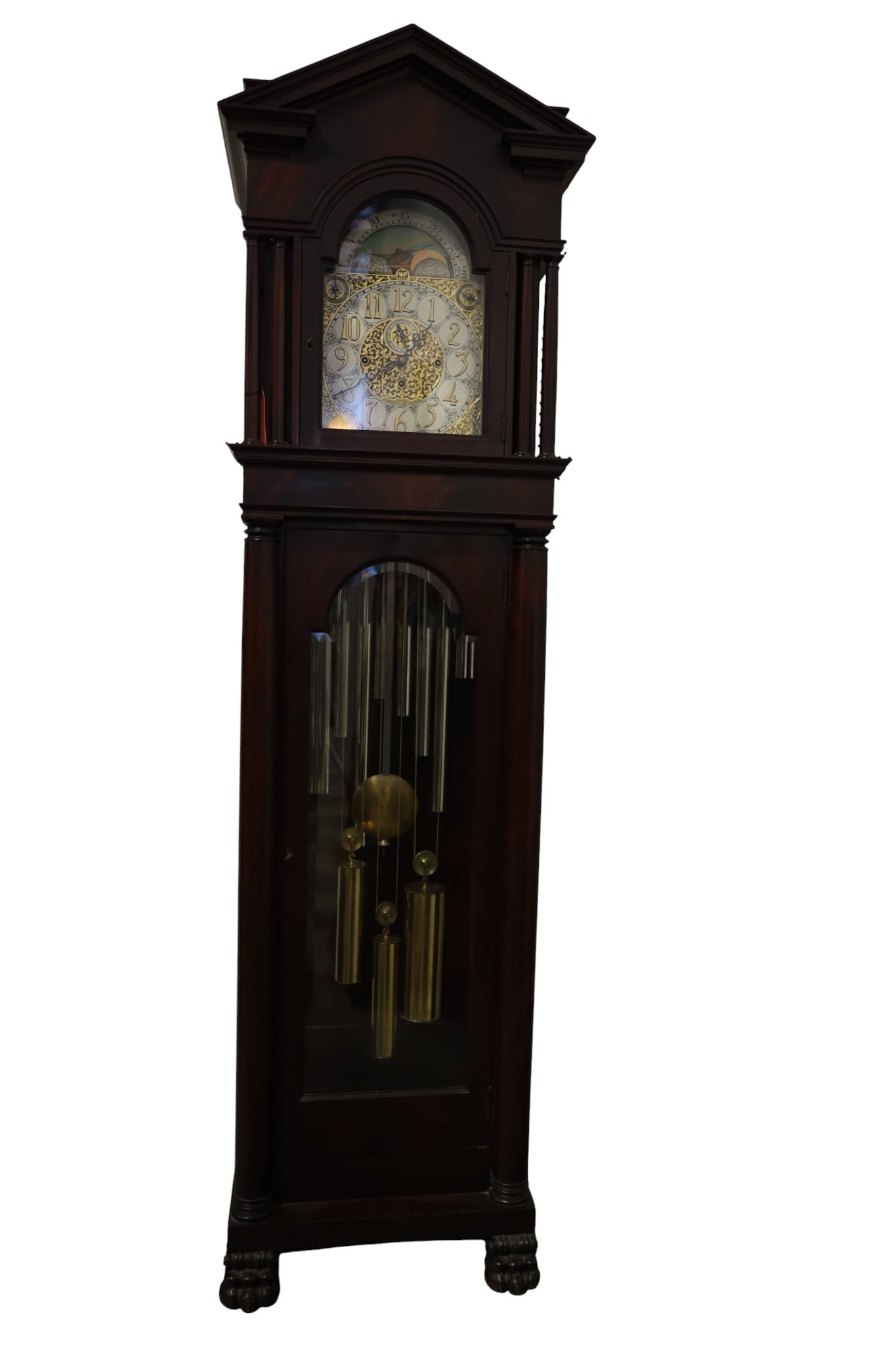 TALL CASE MAHOGANY GRANDFATHER CLOCK: 9 BAR, EMPIRE MAHOGANY TALL CASE GRANDFATHER CLOCK, 3 WEIGHTS, CASE MFG. BY ROYAL FURNITURE CO. WORKS MARKED B&D LIMITED ELITE GERMANY. BAWO & DOTTER. MUSICAL 9 BAR WORKS, CASE KEY & CLOCK KEY. 26" W