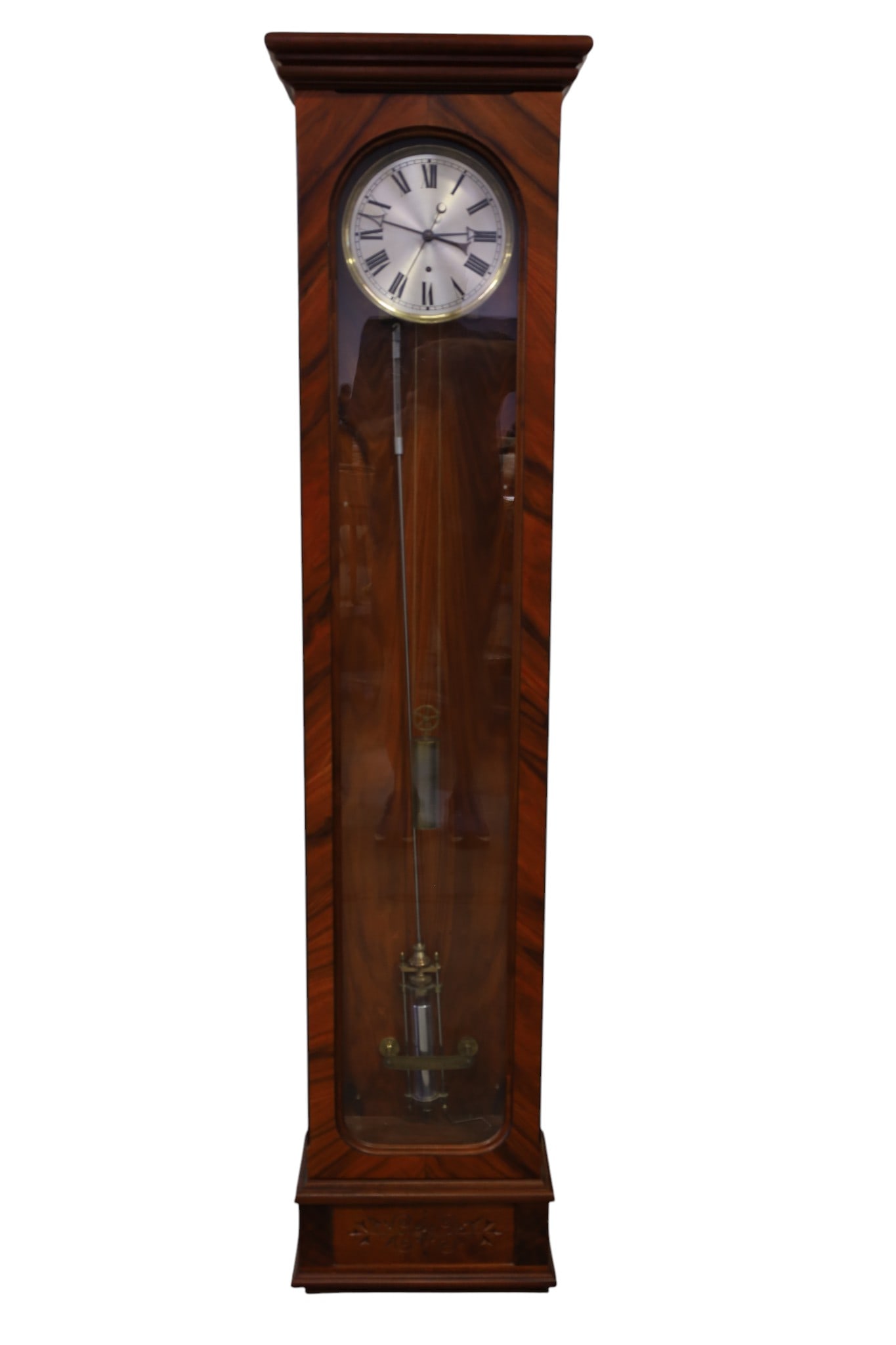 TALL CASE WALL CLOCK: MAHOGANY CASE, SINGLE WEIGHT WALL CLOCK, PENDULUM CONNECTION IS BROKEN. WITH KEY. 68" H. ALL CLOCKS ARE SOLD AS IS WE DO NOT GUARANTEE WORKING ORDER, THIS ITEM EXCEEDS SIZE, WEIGHT, AND OR FRAGILITY L