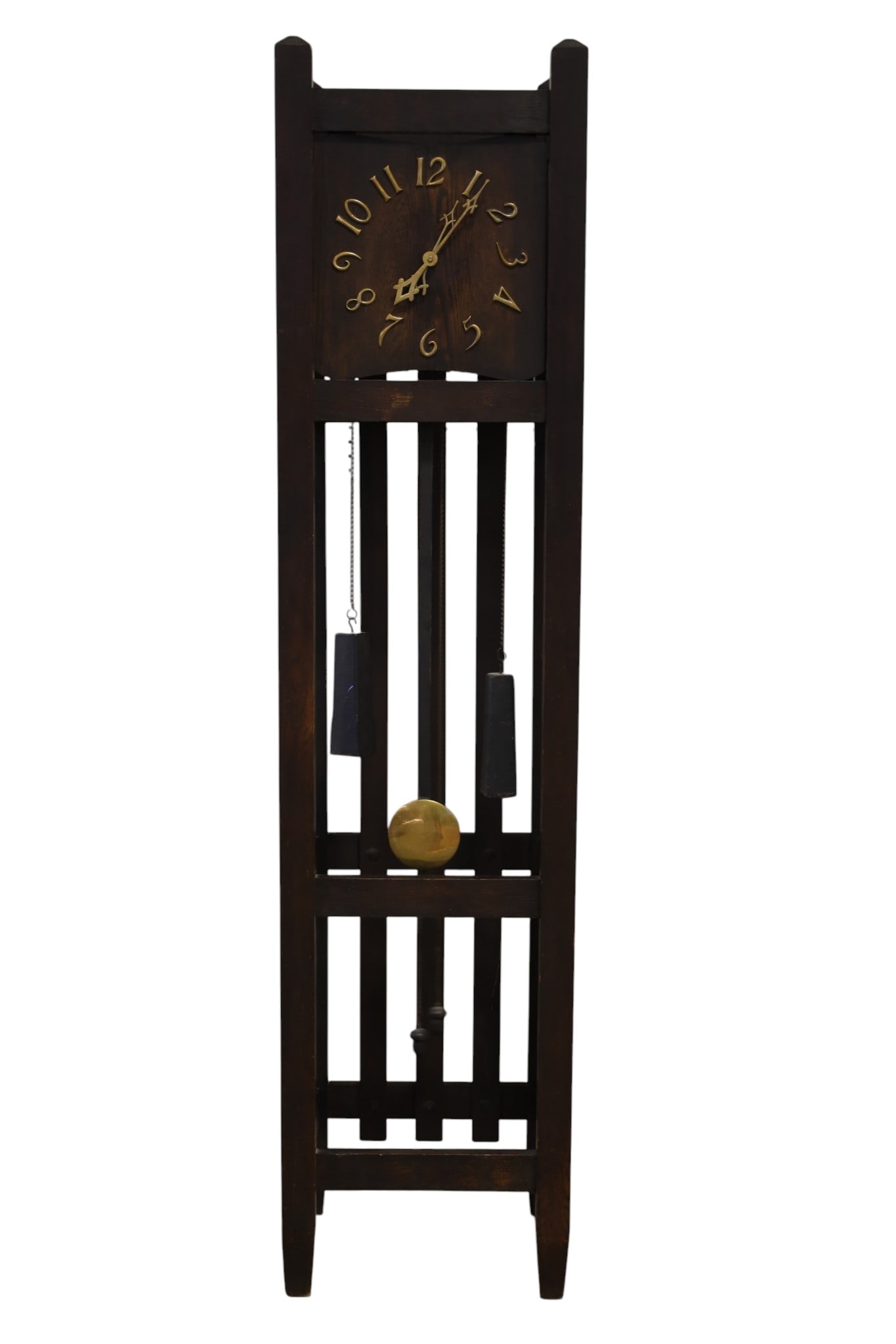 ARTS & CRAFTS GRANDFATHER CLOCK: OAK ARTS & CRAFTS TWO WEIGHT GRANDFATHER CLOCK, 18 1/2" W x 78" H. ALL CLOCKS ARE SOLD AS IS WE DO NOT GUARANTEE WORKING ORDER. THIS ITEM EXCEEDS SIZE, WEIGHT, AND OR FRAGILITY LIMITATIONS FOR IN