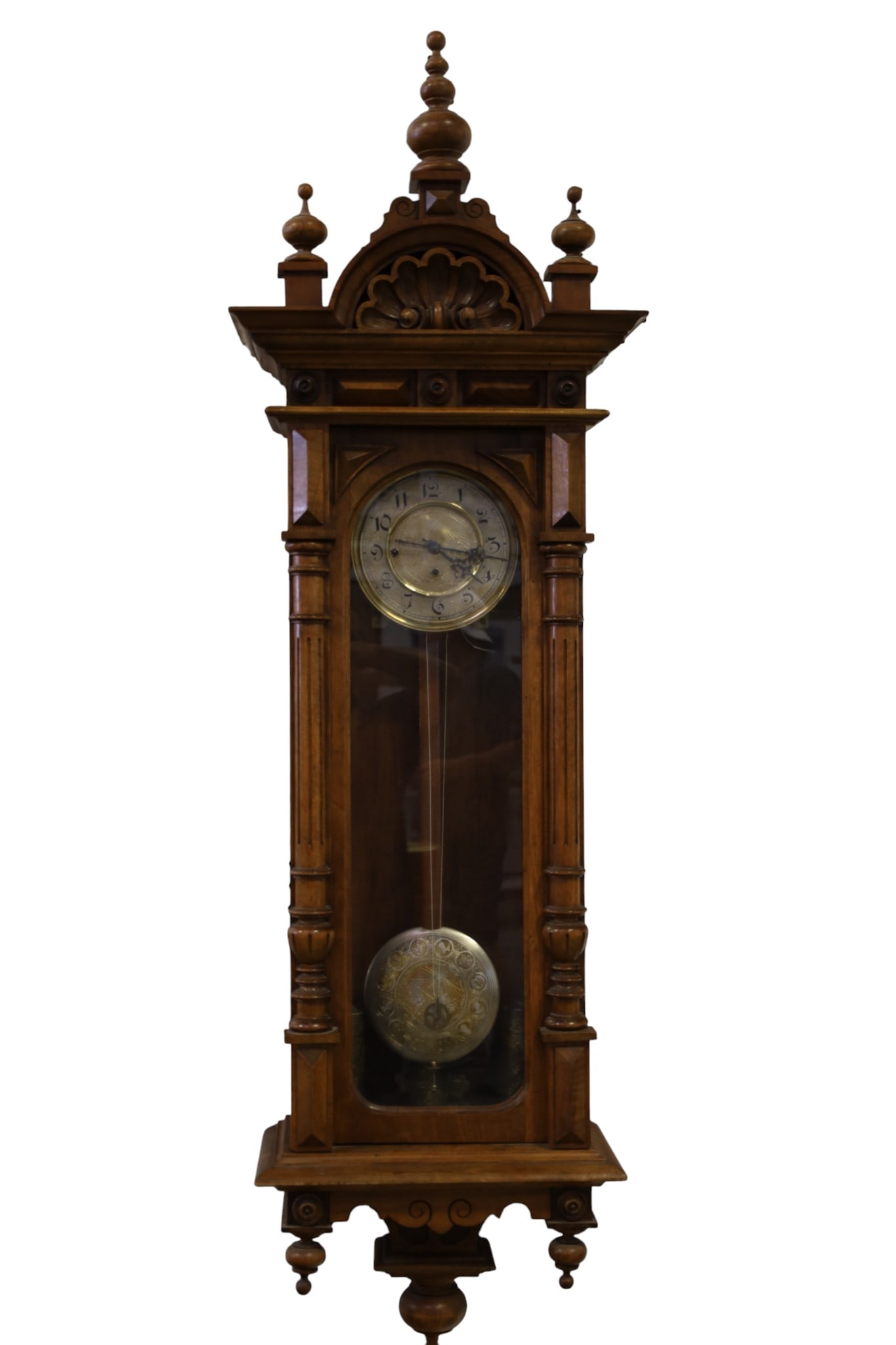 THREE WEIGHT VIENNA REGULATOR WALL CLOCK: THREE WEIGHT WALL CLOCK, REGULATOR. WEIGHT STRINGS ARE DETACHED. 56" H. ALL CLOCKS ARE SOLD AS IS WE DO NOT GUARANTEE WORKING ORDER. THIS ITEM EXCEEDS SIZE, WEIGHT, AND OR FRAGILITY LIMITATIONS FOR