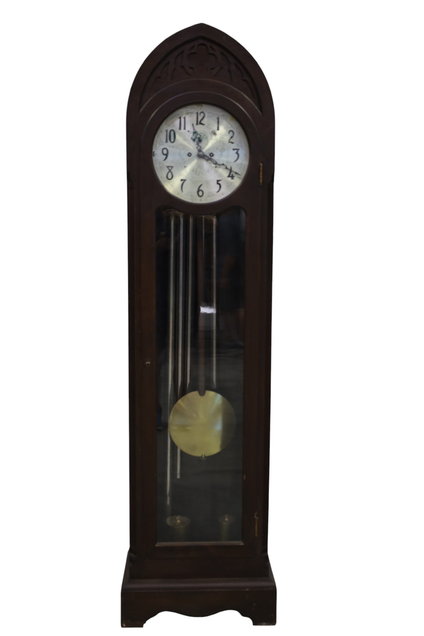 HERSCHEDE GRANDFATHER CLOCK: 5 TUBE TWO WEIGHT MAHOGANY CASED GRANDFATHER CLOCK, SCRATCHES TO DIAL, WEAR TO FINISH ON CASE. 78" H. ALL CLOCKS ARE SOLD AS IS WE DO NOT GUARANTEE WORKING ORDER. THIS ITEM EXCEEDS SIZE, WEIGHT, AND