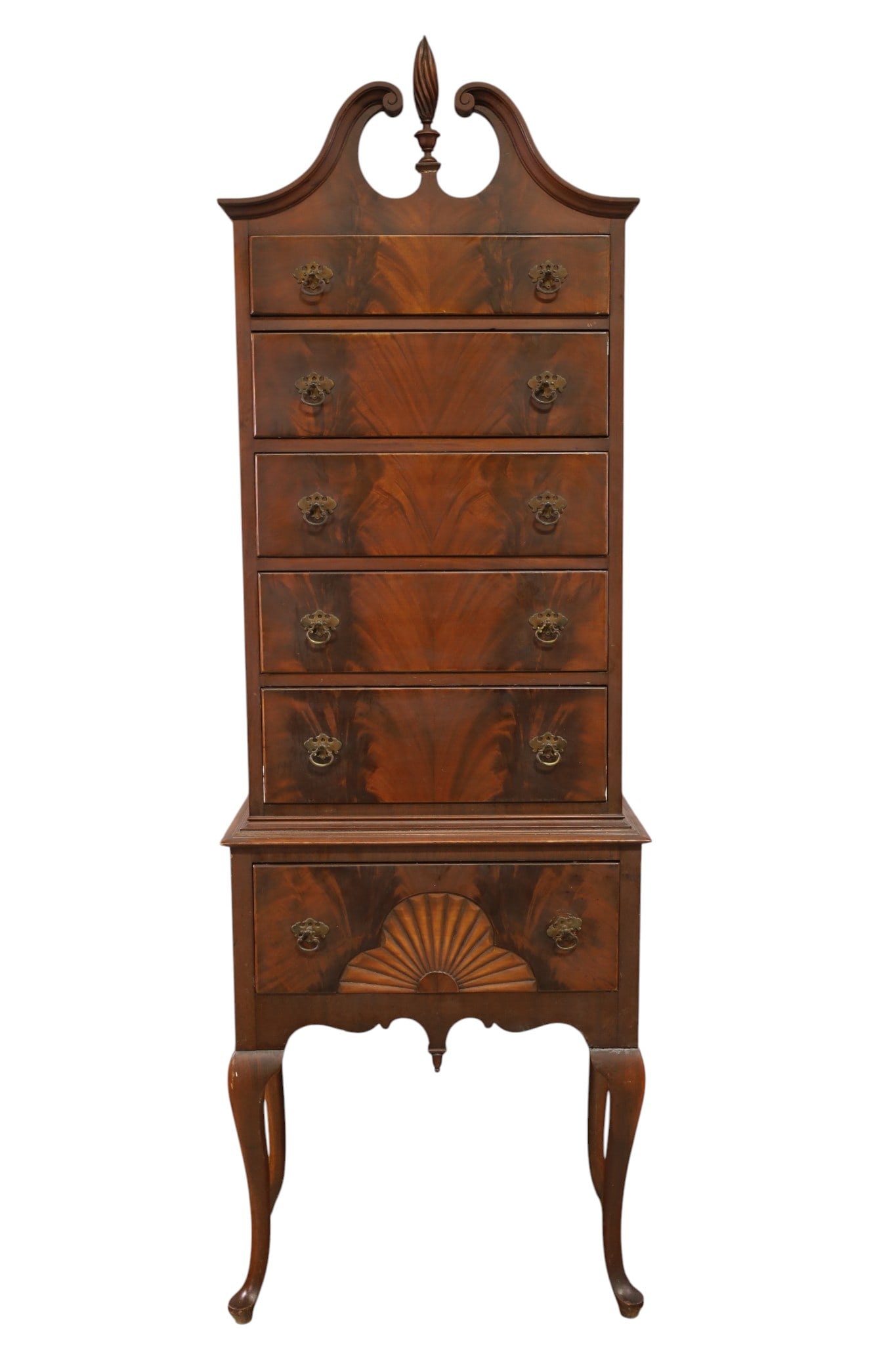 NARROW QUEEN ANNE STYLE TALL CHEST: ANTIQUE 6 DRAWER MAHOGANY, SKANDIA FURNITURE CO TALL CHEST, 25" W x 14" D x 75" H ALL CLOCKS ARE SOLD AS IS WE DO NOT GUARANTEE WORKING ORDER. THIS ITEM EXCEEDS SIZE, WEIGHT, AND OR FRAGILITY