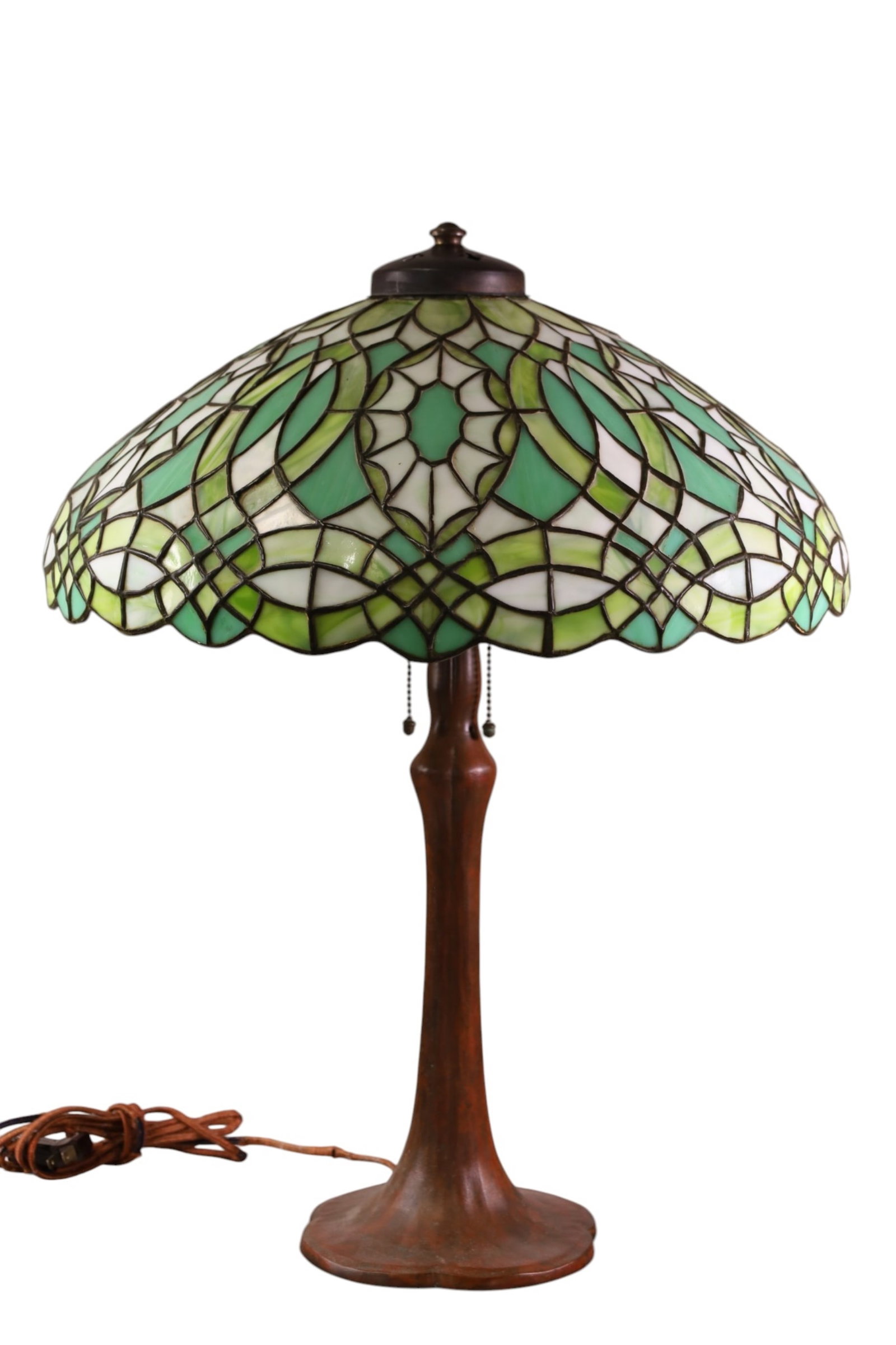 HANDEL TABLE LAMP: TRIPLE SOCKET SIGNED BASE, LEADED GLASS SHADE, UNSIGNED. 19" DIAM SHADE & 24" H.