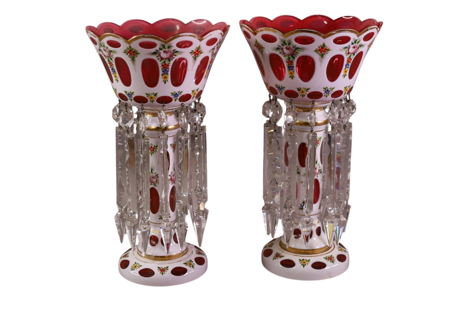 PAIR OF MANTLE LUSTERS: PAIR OF BOHEMIAN CUT TO CLEAR MANTLE LUSTERS. WITH CRYSTAL PRISMS, CHIP TO BASE AND PRISMS. 14" H.
