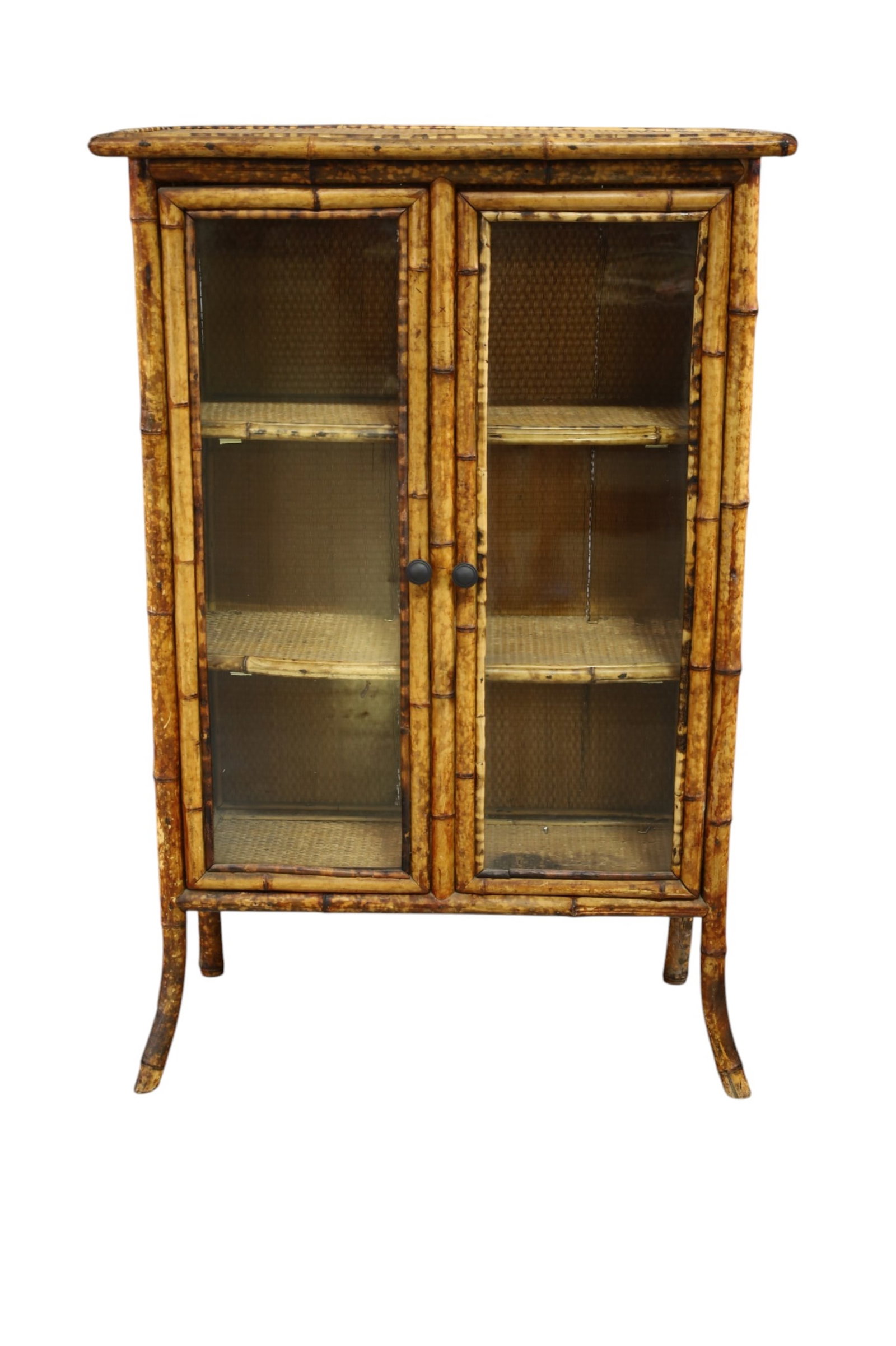 VICTORIAN BAMBOO BOOKCASE: SMALL VICTORIAN BAMBOO TWO DOOR BOOKCASE, INTERIOR SHELVES. 29" W x 13" D x 44" H. THIS ITEM EXCEEDS SIZE, WEIGHT, AND OR FRAGILITY LIMITATIONS FOR IN HOUSE SHIPPING, MUST BE PICKED UP IN HOUSE OR SHI
