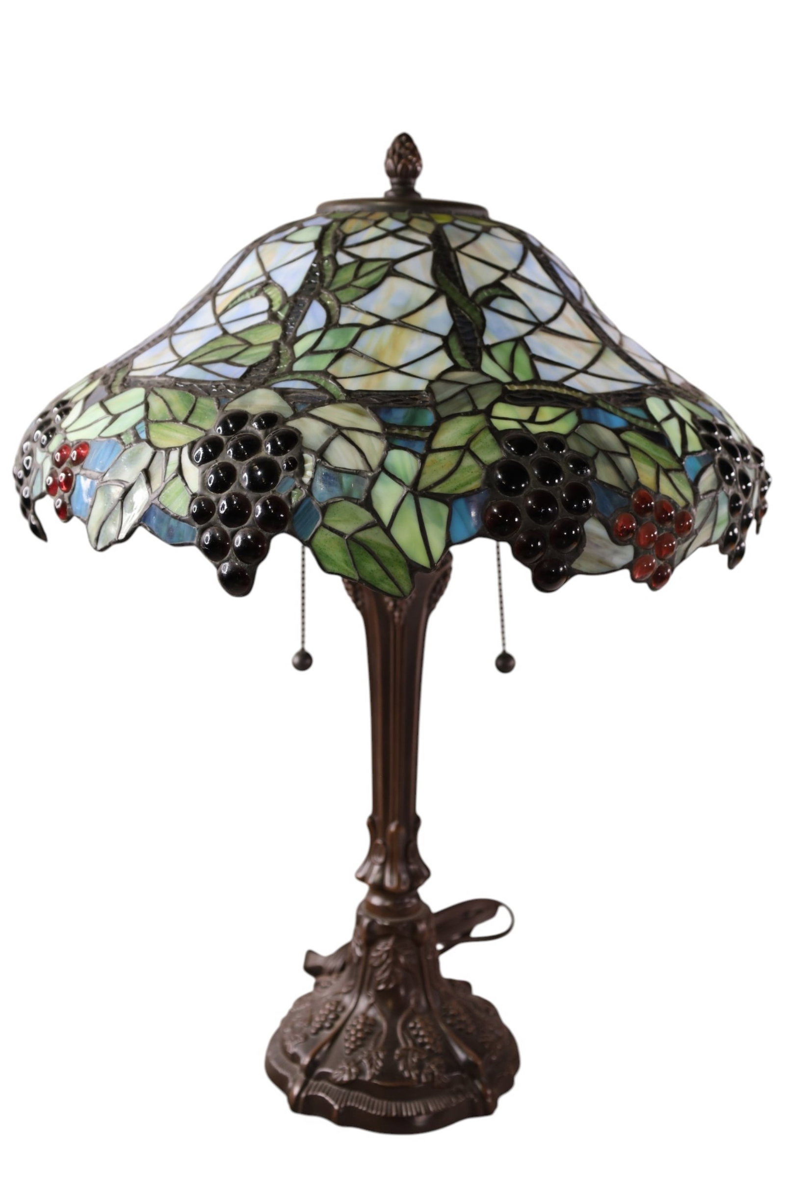 LEADED GLASS TABLE LAMP: CONTEMPORARY TIFFANY STYLE LEADED GLASS TABLE LAMP, GRAPE MOTIF SHADE. 25" H.