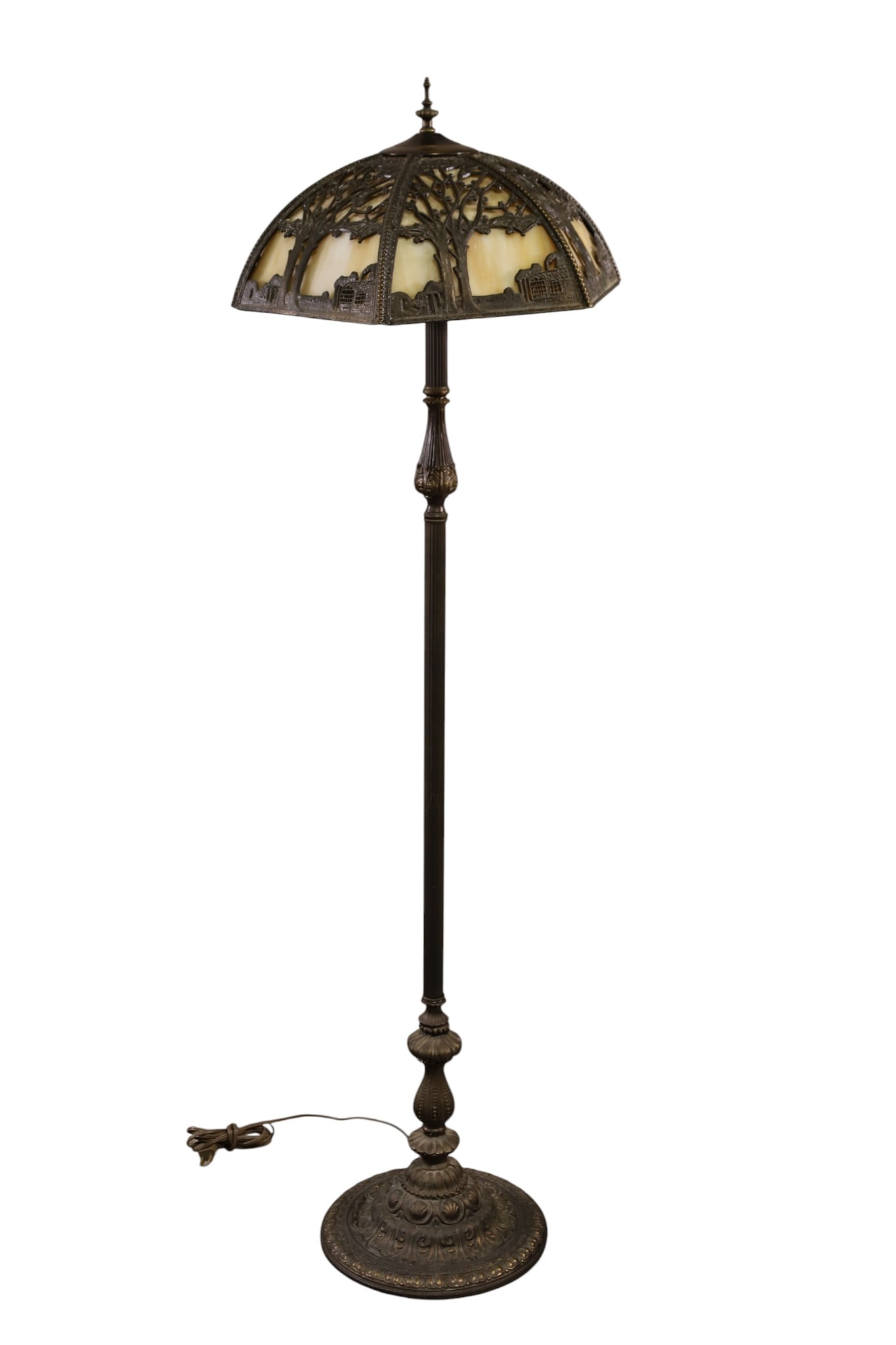 SLAG GLASS FLOOR LAMP: SLAG GLASS SHADE FLOOR LAMP, FILIGRE 6 PANEL SHADE. 55" H. THIS ITEM EXCEEDS SIZE, WEIGHT, AND OR FRAGILITY LIMITATIONS FOR IN HOUSE SHIPPING, MUST BE PICKED UP IN HOUSE OR SHIPPED VIA 3RD PARTY SHIPP