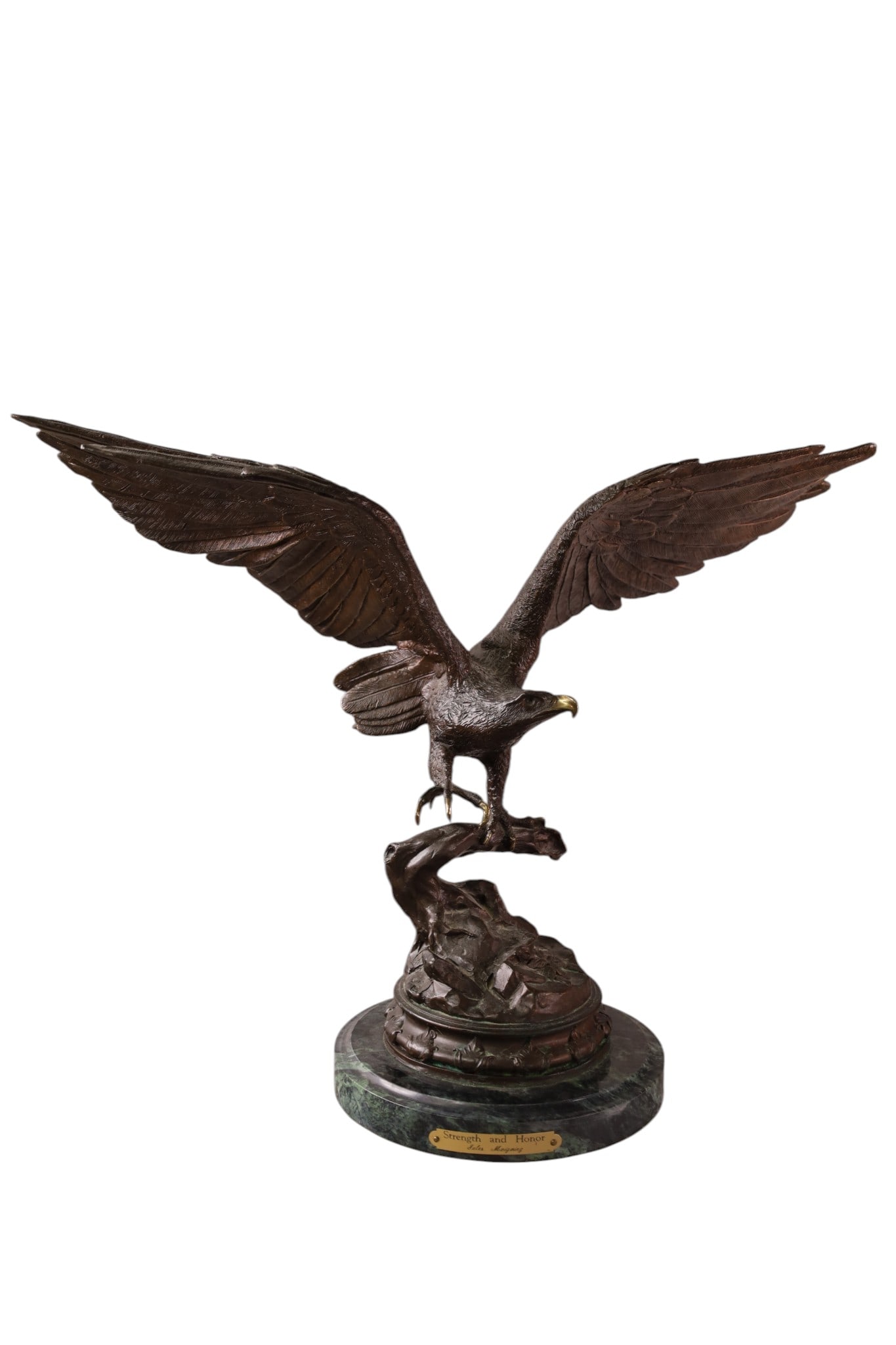 EAGLE BRONZE: TTILED STRENGTH AND HONOR, BY JULES MOIGNEIZ, ON MARBLE BASE. 21" W x 16" H. THIS ITEM EXCEEDS SIZE, WEIGHT, AND OR FRAGILITY LIMITATIONS FOR IN HOUSE SHIPPING, MUST BE PICKED UP IN HOUSE OR SHIPPED