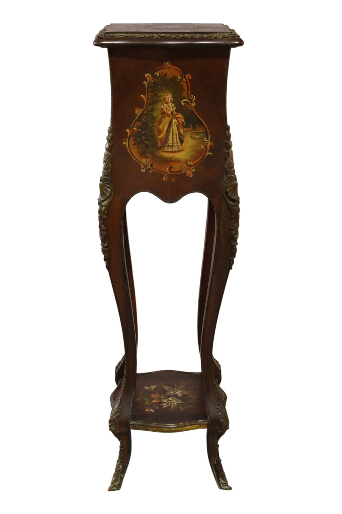 VERNIS MARTIN STYLE PEDESTAL: ORNATE TALL PEDESTAL, IN THE STYLE OF VERNIS MARTIN. WEAR TO FINISH. 12" x 12" x 41" H. THIS ITEM EXCEEDS SIZE, WEIGHT, AND OR FRAGILITY LIMITATIONS FOR IN HOUSE SHIPPING, MUST BE PICKED UP IN HOUSE