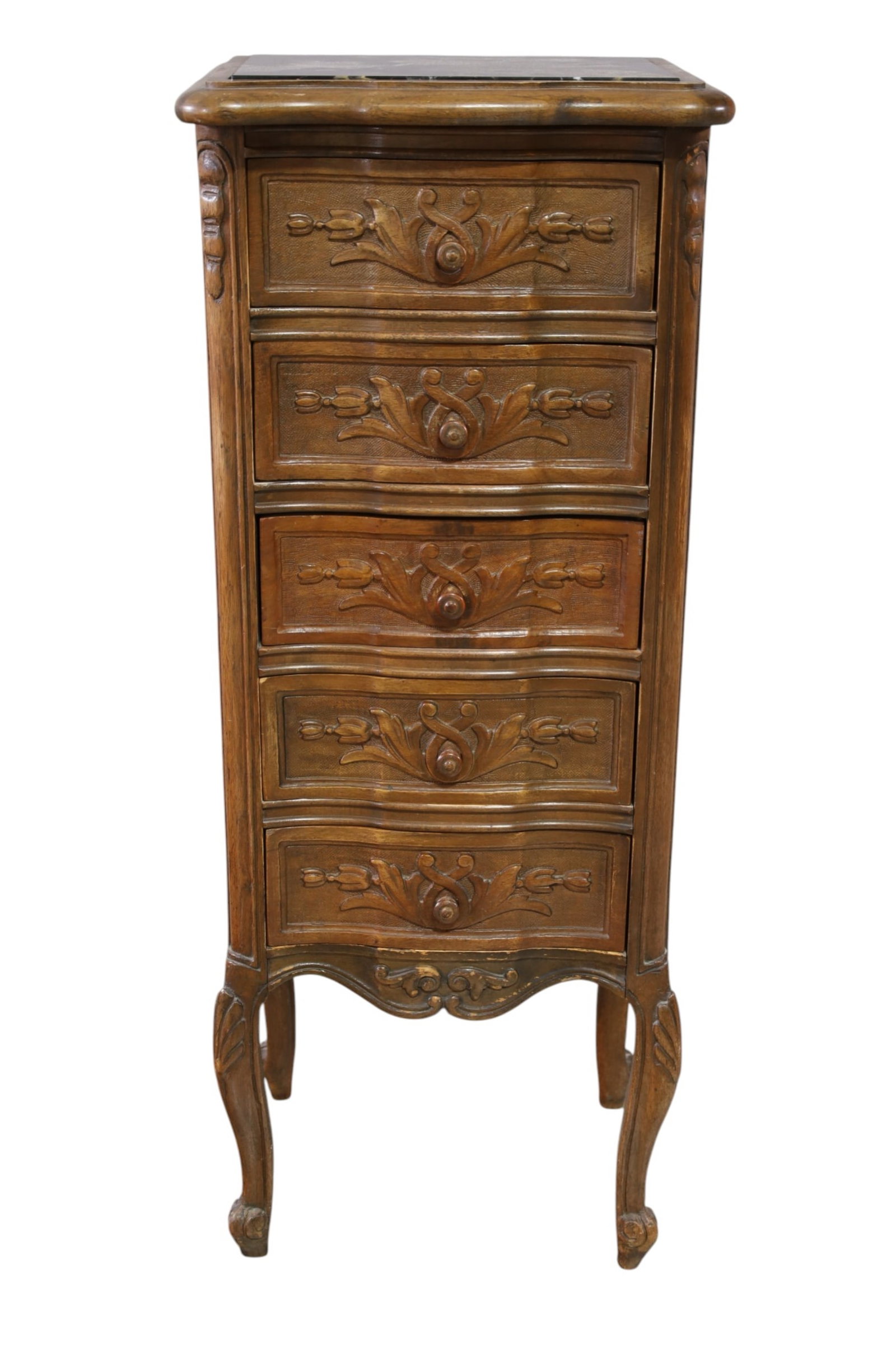1920'S FRENCH STYLE LINGERE CHEST: FRENCH STYLE MARBLE TOP STAND, MINOR WEAR TO FINISH. 14" W x 12" D x 36" H. THIS ITEM EXCEEDS SIZE, WEIGHT, AND OR FRAGILITY LIMITATIONS FOR IN HOUSE SHIPPING, MUST BE PICKED UP IN HOUSE OR SHIPPED