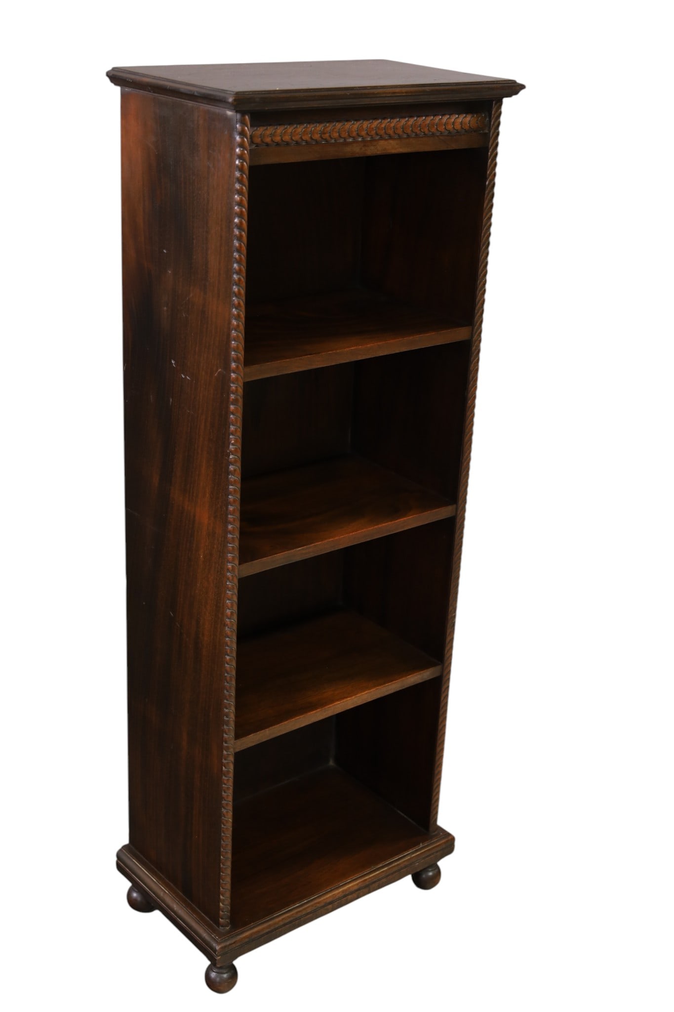 1930'S NARROW BOOKCASE: MAHOGANY NARROW BOOKCASE, OPEN SHELVING. 16" W x 9 1/2" D x 44" H.