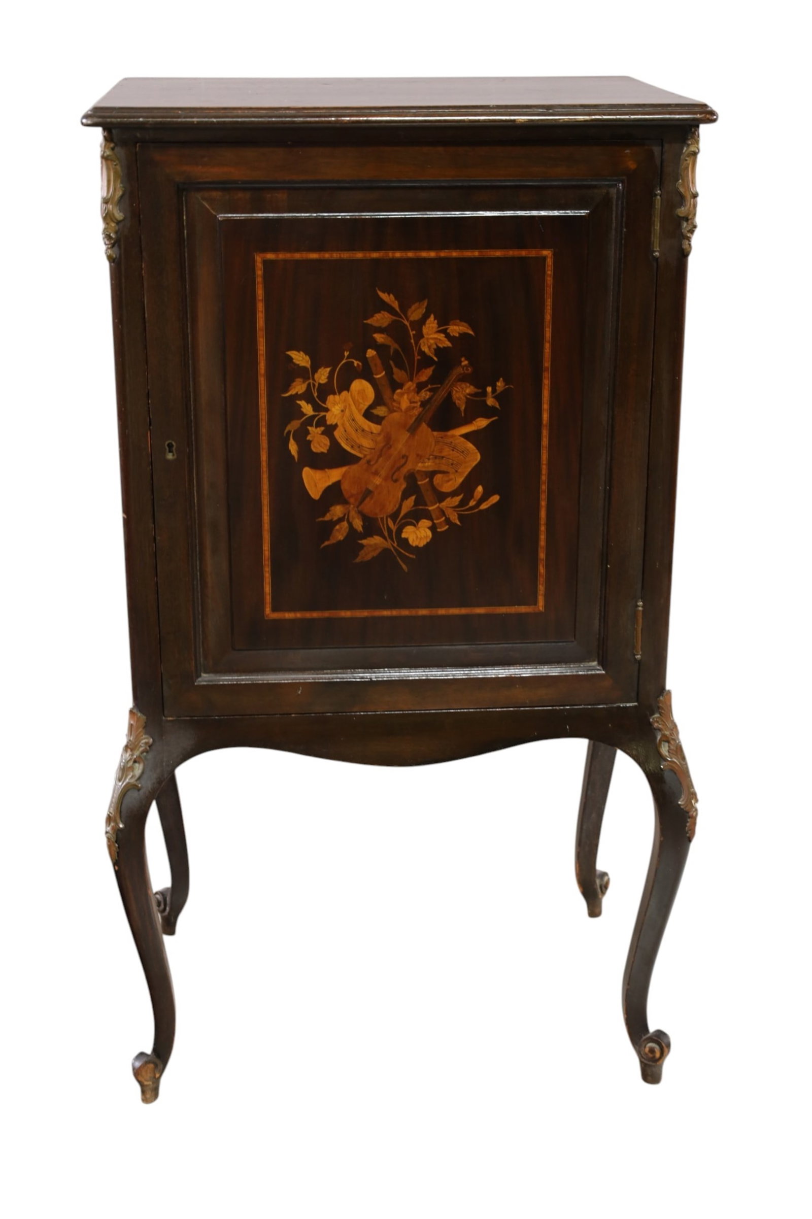 ANTIQUE MUSIC CABINET: SINGLE DOOR, INLAID SHEET MUSIC CABINET, WEAR TO FINISH. 22" W x 16" D x 39 H. THIS ITEM EXCEEDS SIZE, WEIGHT, AND OR FRAGILITY LIMITATIONS FOR IN HOUSE SHIPPING, MUST BE PICKED UP IN HOUSE OR