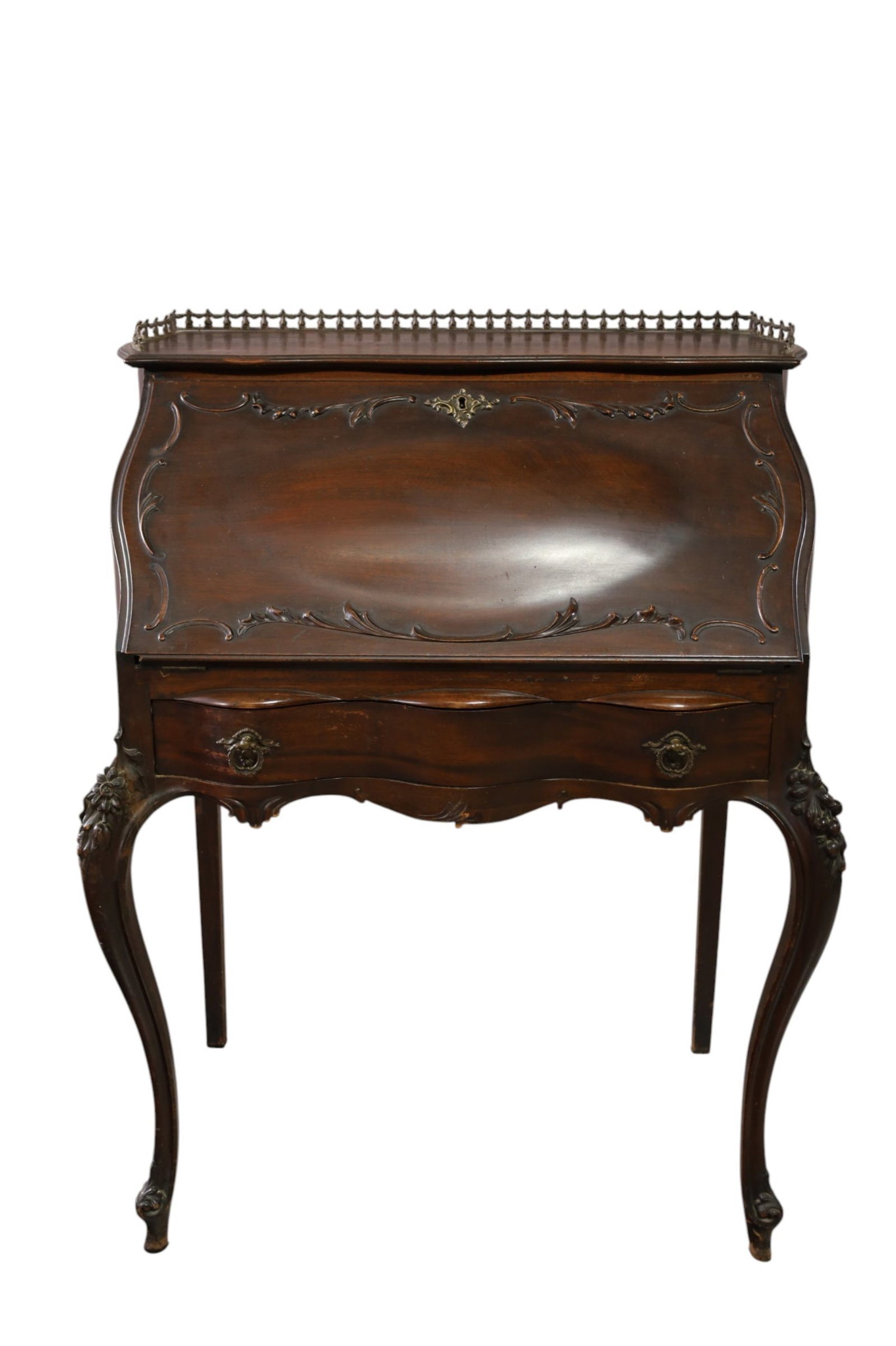 1900'S MAHOGANY DROP FRONT DESK: DROP FRONT DESK, BRASS GALLERY, BOMBAY FRONT. WEAR TO FINISH. 32" W x 21" D x 40" H. THIS ITEM EXCEEDS SIZE, WEIGHT, AND OR FRAGILITY LIMITATIONS FOR IN HOUSE SHIPPING, MUST BE PICKED UP IN HOUSE OR