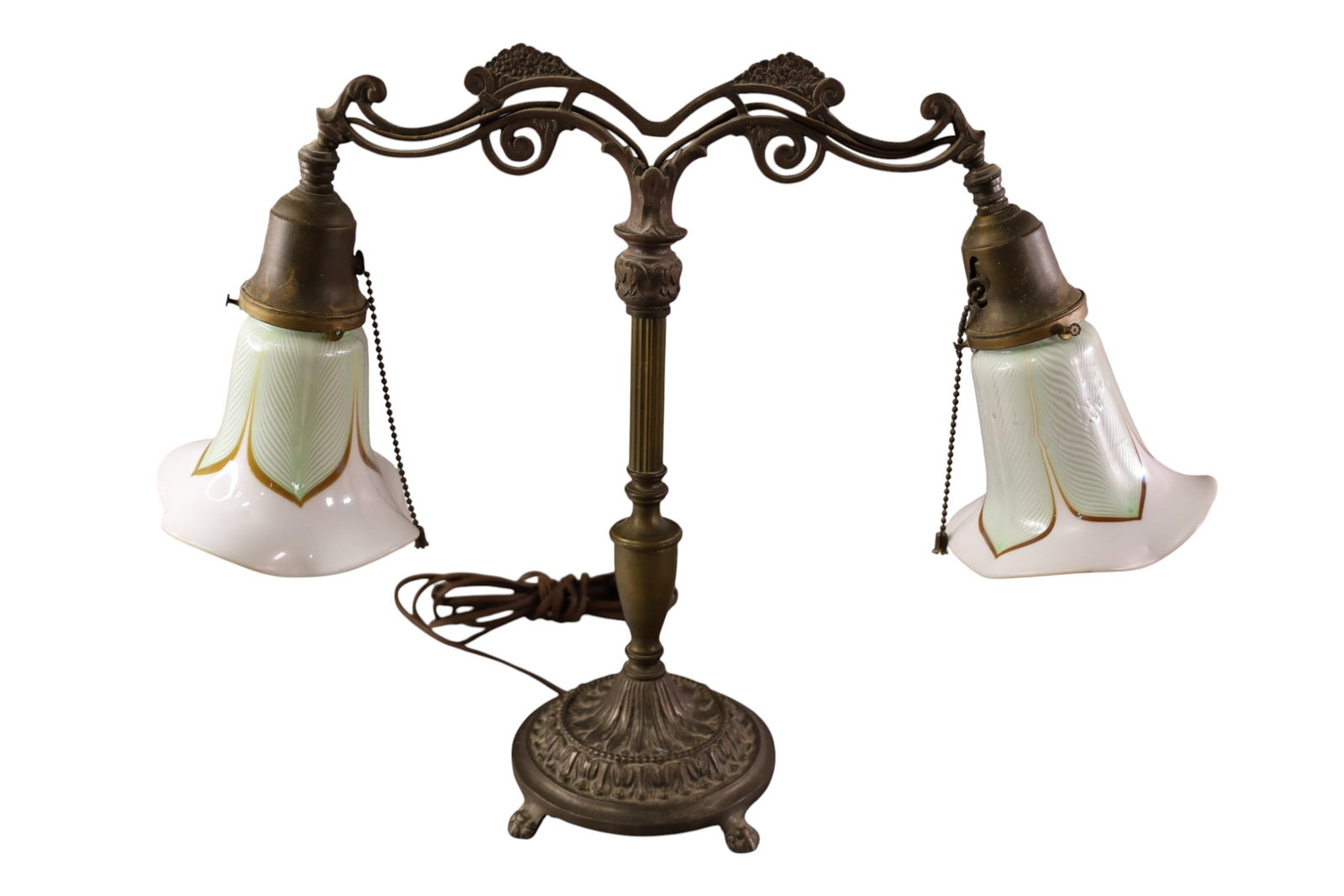 DOUBLE ARM DESK LAMP: DOUBLE ARM DESK LAMP, ART GLASS PULLED FEATHER SHADES. 21" W X 15 1/2" H.