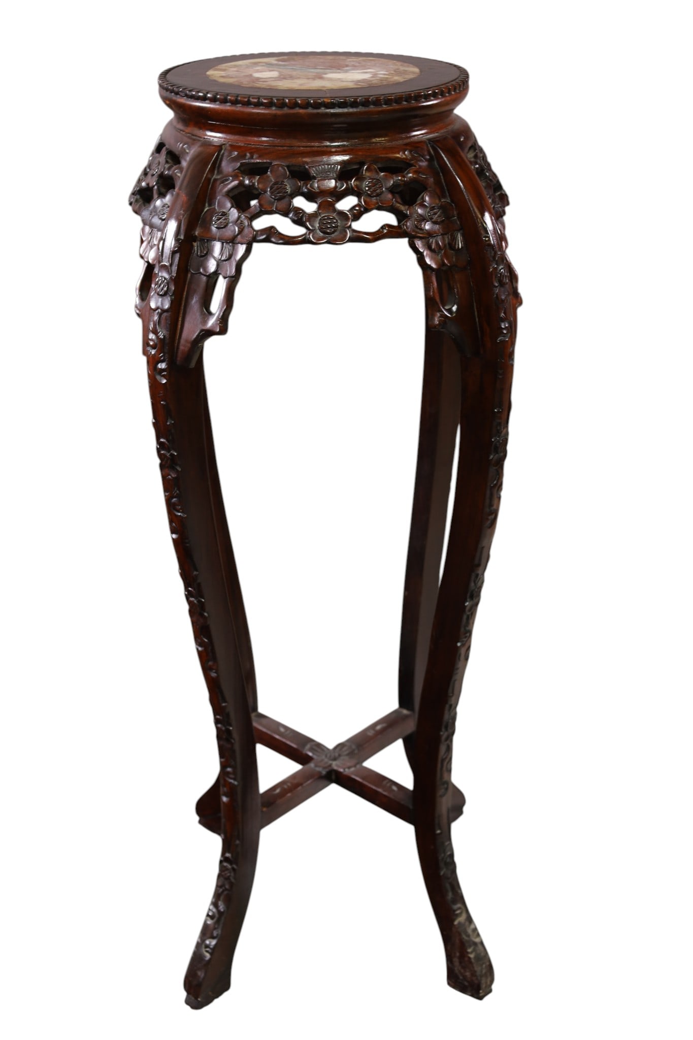 CHINESE FERN STAND: INSET MARBLE TOP, CHINESE HARDWOOD FERN STAND. 10 1/2" DIAM x 36 1/2" H. THIS ITEM EXCEEDS SIZE, WEIGHT, AND OR FRAGILITY LIMITATIONS FOR IN HOUSE SHIPPING, MUST BE PICKED UP IN HOUSE OR SHIPPED VIA