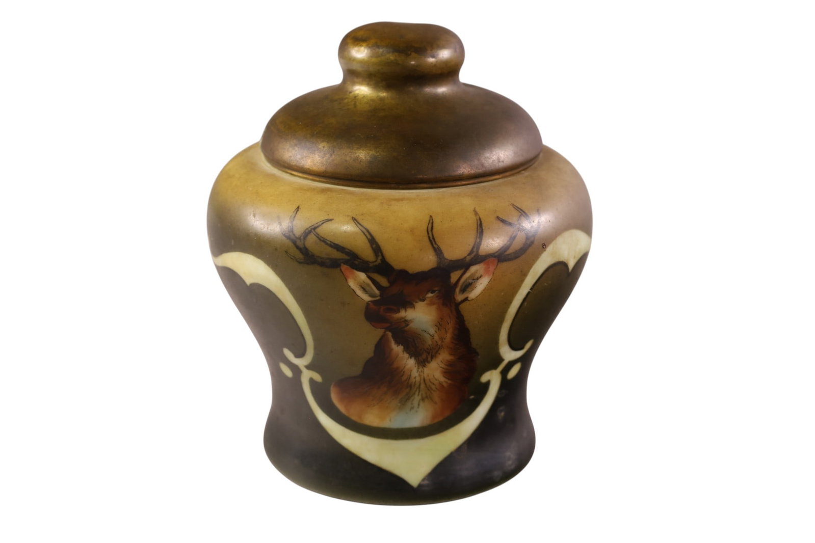 NAKARA HUMIDOR: C.F. MONROE LIDDED HUMIDOR, STAG MOTIF. GLASS WITH BRASS LID. 7 1/2" H.