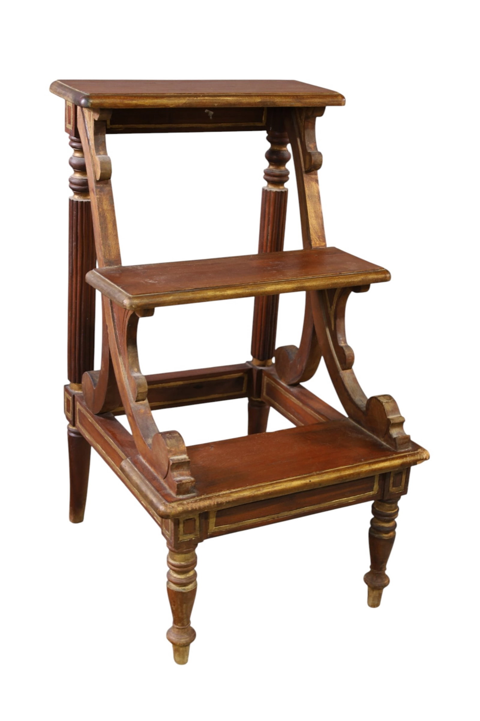 LIBRARY STEPS: MAHOGANY LIBRARY STEPS, WEAR TO CORNERS, 18 1/2" W x 20" D x 32" H. THIS ITEM EXCEEDS SIZE, WEIGHT, AND OR FRAGILITY LIMITATIONS FOR IN HOUSE SHIPPING, MUST BE PICKED UP IN HOUSE OR SHIPPED VIA 3RD