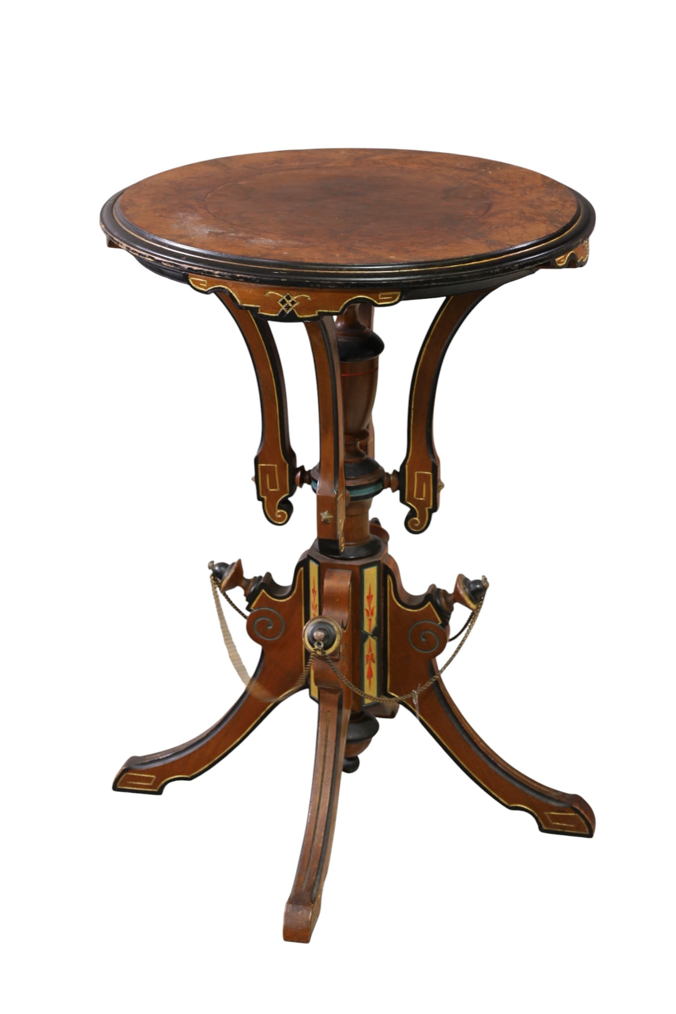 FANCY VICTORIAN PARLOR TABLE: ROUND WALNUT, BURLED TOP VICTORIAN PARLOR TABLE,. 20" DIAM x 28" H. THIS ITEM EXCEEDS SIZE, WEIGHT, AND OR FRAGILITY LIMITATIONS FOR IN HOUSE SHIPPING, MUST BE PICKED UP IN HOUSE OR SHIPPED VIA 3RD PA