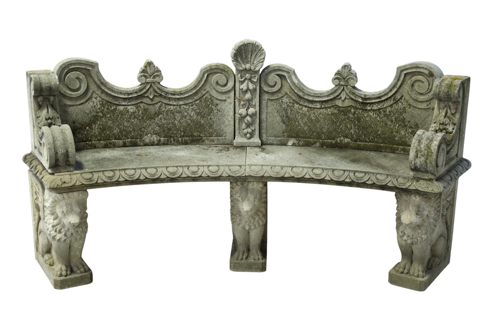 LARGE CAST STONE BENCH (1 OF 2): ORNATE CAST STONE BENCH, 10 PIECE BENCH, ROUNDED BENCH WITH WINGED GRIFFIN BASE. 75" W x 38" H. THIS ITEM EXCEEDS SIZE, WEIGHT, AND OR FRAGILITY LIMITATIONS FOR IN HOUSE SHIPPING, MUST BE PICKED UP