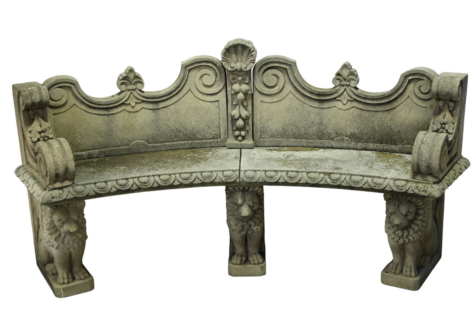 CAST STONE BENCH (2 OF 2): ORNATE CAST STONE BENCH, 10 PIECE BENCH, ROUNDED BENCH WITH WINGED GRIFFIN BASE. 75" W x 38" H. THIS ITEM EXCEEDS SIZE, WEIGHT, AND OR FRAGILITY LIMITATIONS FOR IN HOUSE SHIPPING, MUST BE PICKED UP