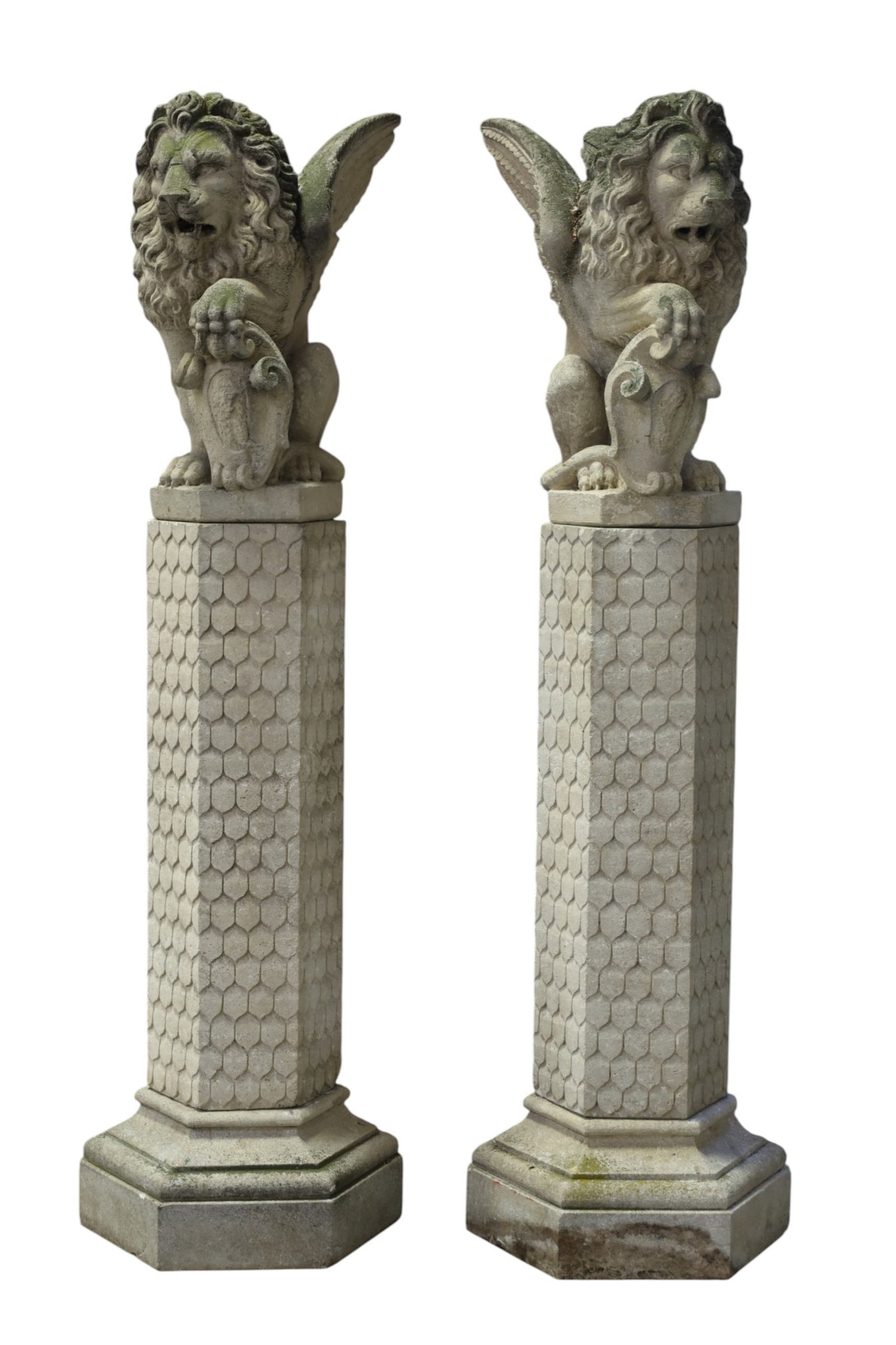 PAIR OF TALL CAST STONE GRIFFINS ON PEDESTALS: PAIR OF LARGE GRANITE STONE GRIFFINS ON TALL PEDESTALS, ONE HAS BROKEN WING. 20" W x 80" H. THIS ITEM EXCEEDS SIZE, WEIGHT, AND OR FRAGILITY LIMITATIONS FOR IN HOUSE SHIPPING, MUST BE PICKED UP IN