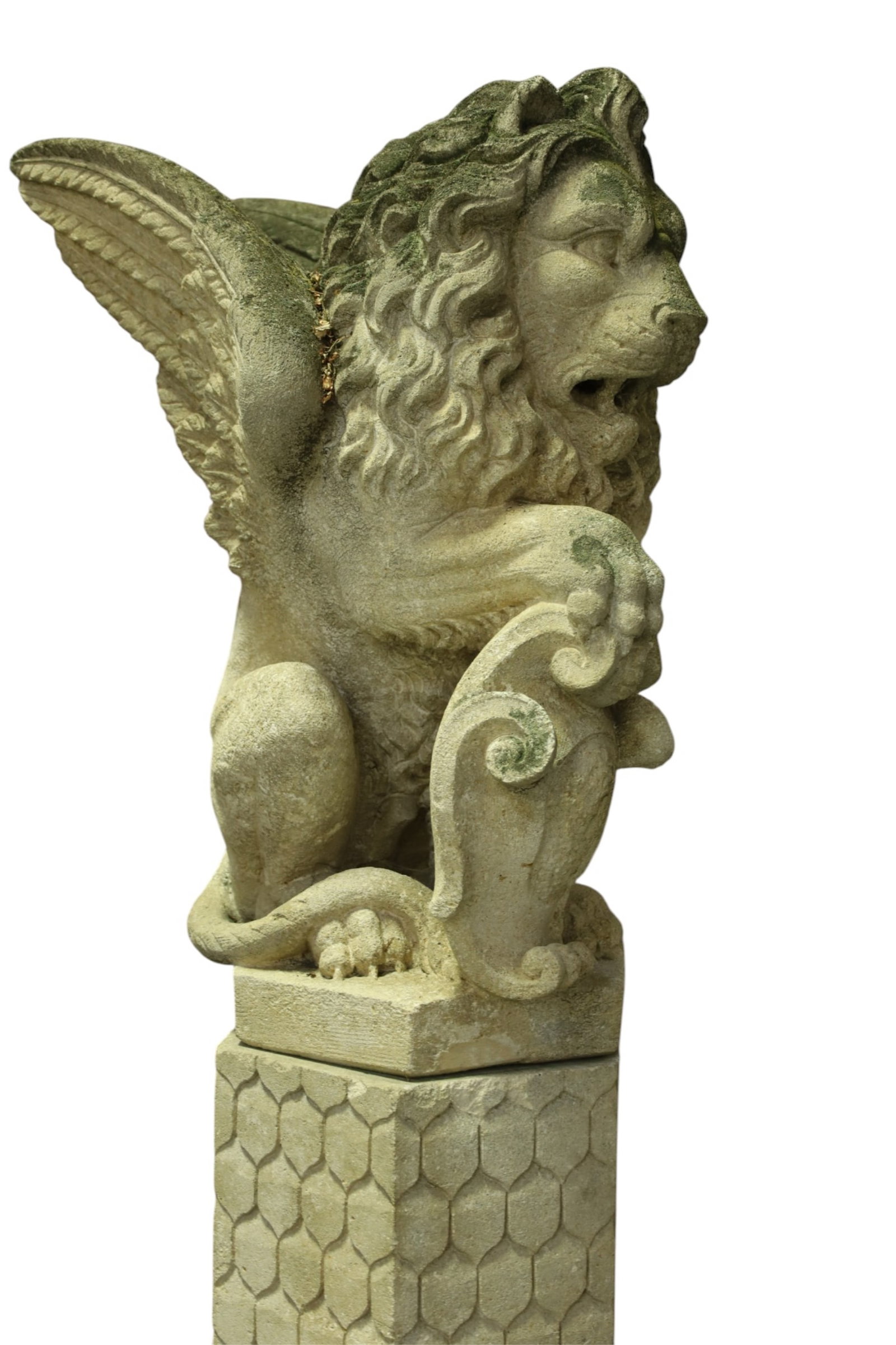 PAIR OF TALL CAST STONE GRIFFINS ON PEDESTALS - 3