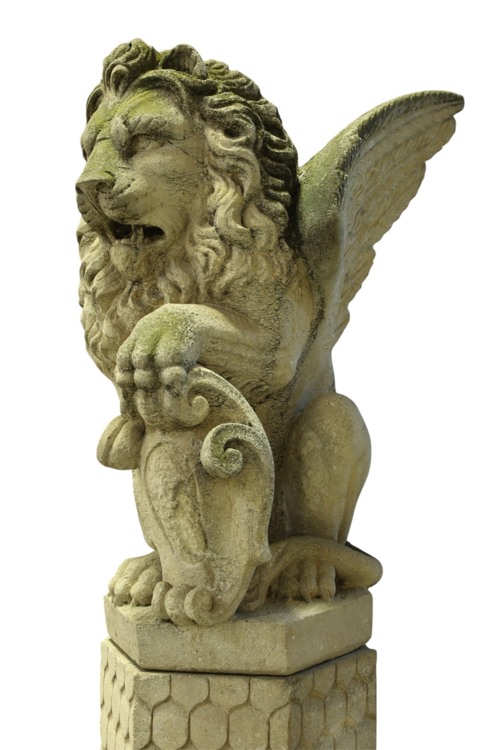 PAIR OF TALL CAST STONE GRIFFINS ON PEDESTALS - 5