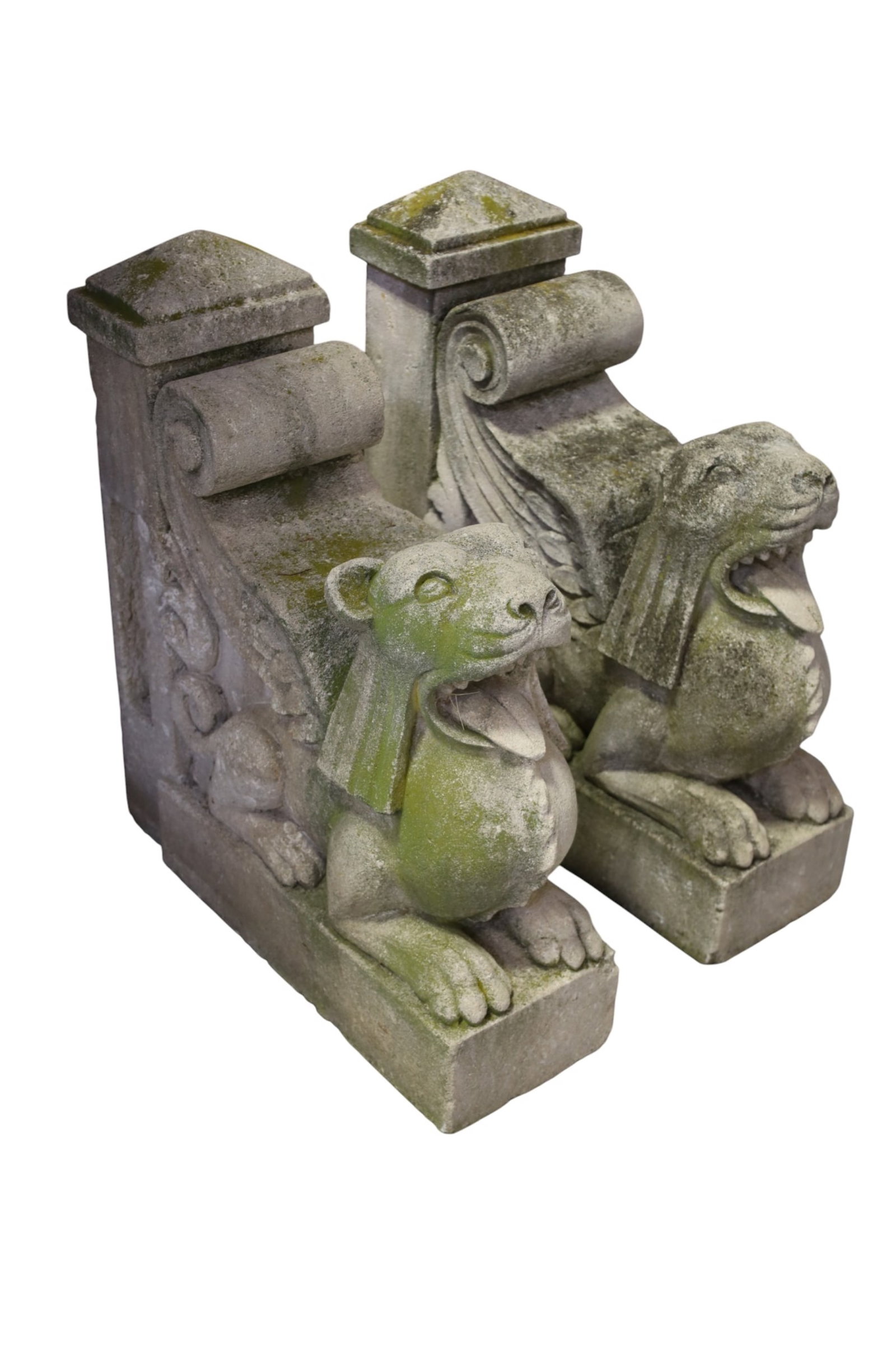 2 CAST STONE ARCHITECTUAL PIECES: PAIR OF CAST STONE ARCHITECTUAL PIECES. GARGOYLE MOTIF. DAMAGE TO EARS. 7" W x 20" D x 23" H. THIS ITEM EXCEEDS SIZE, WEIGHT, AND OR FRAGILITY LIMITATIONS FOR IN HOUSE SHIPPING, MUST BE PICKED UP IN