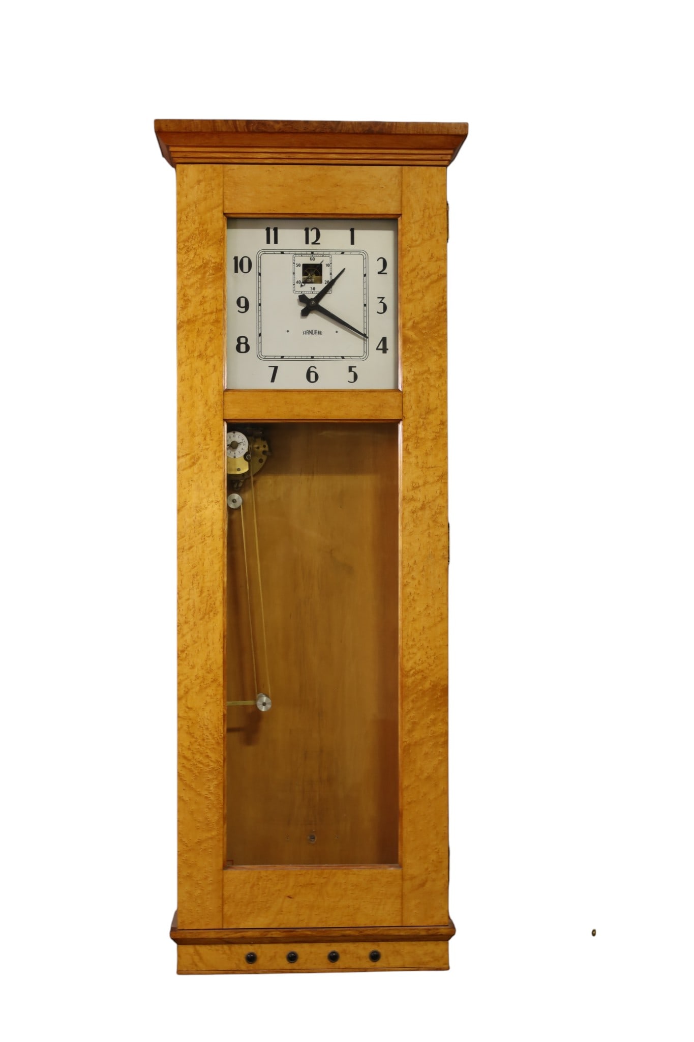 STANDARD MASTER CLOCK: LARGE STANDARD MASTER WALL CLOCK, BIRDS EYE MAPLE CASE. WITH PENDULUM. 62" H. ALL CLOCKS ARE SOLD AS IS WE DO NOT GUARANTEE WORKING ORDER. THIS ITEM EXCEEDS SIZE, WEIGHT, AND OR FRAGILITY LIMITATIONS 