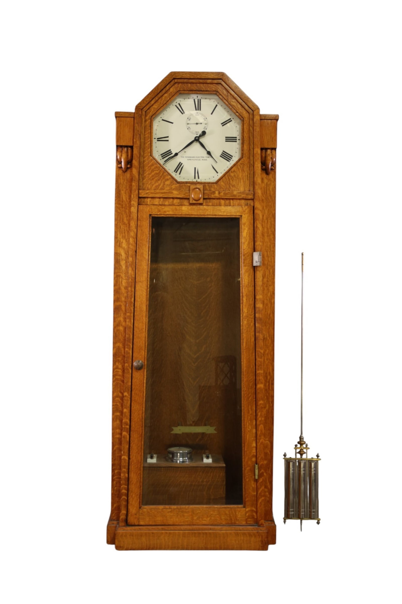 LARGE STANDARD ELECTRIC TIME CO. CLOCK: LARGE OAK CASED STANDARD ELECTRIC TIME COMPANY, MASTER CLOCK. WITH PENDULUM. 75" H. ALL CLOCKS ARE SOLD AS IS WE DO NOT GUARANTEE WORKING ORDER. THIS ITEM EXCEEDS SIZE, WEIGHT, AND OR FRAGILITY LIMITA