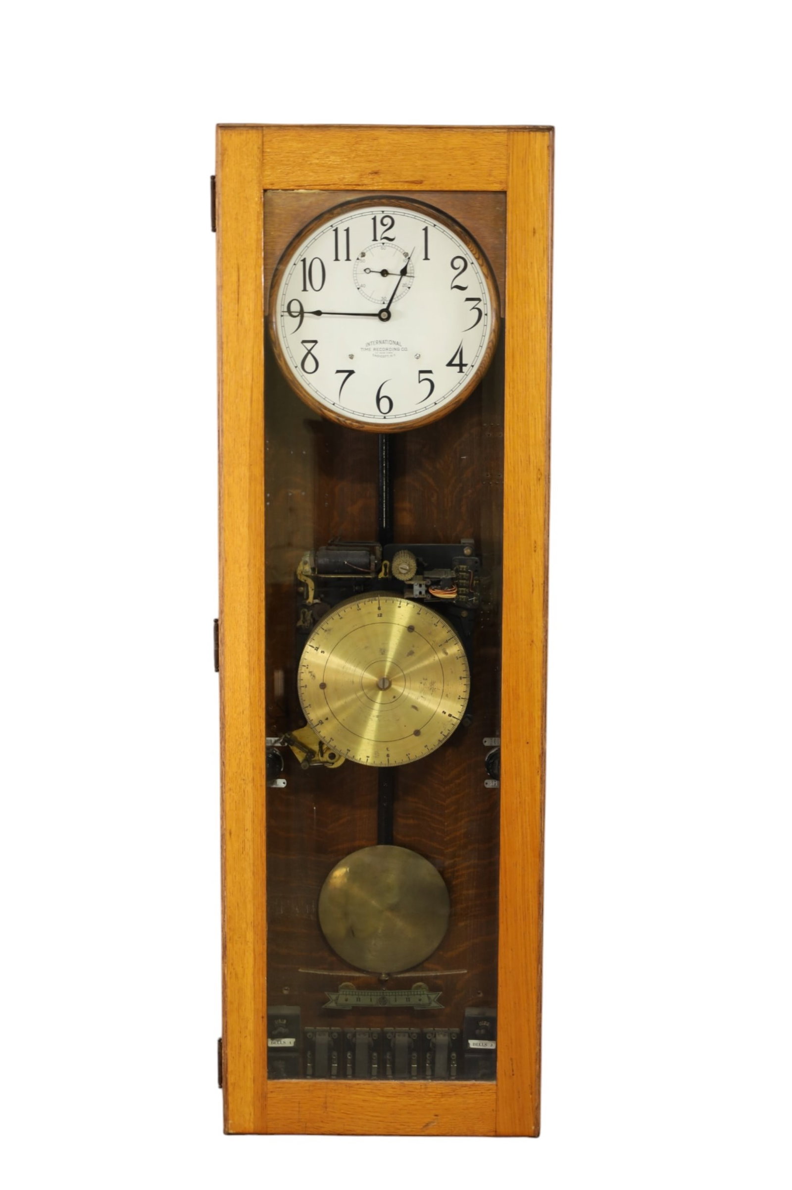 INTERNATIONAL TIME RECORDING CO MASTER CLOCK: LARGE INTERNATIONAL TIME RECORDING CO MASTER TIME CLOCK, MODEL 17. WEAR TO FINISH. 59" H. ALL CLOCKS ARE SOLD AS IS WE DO NOT GUARANTEE WORKING ORDER. THIS ITEM EXCEEDS SIZE, WEIGHT, AND OR FRAGILITY