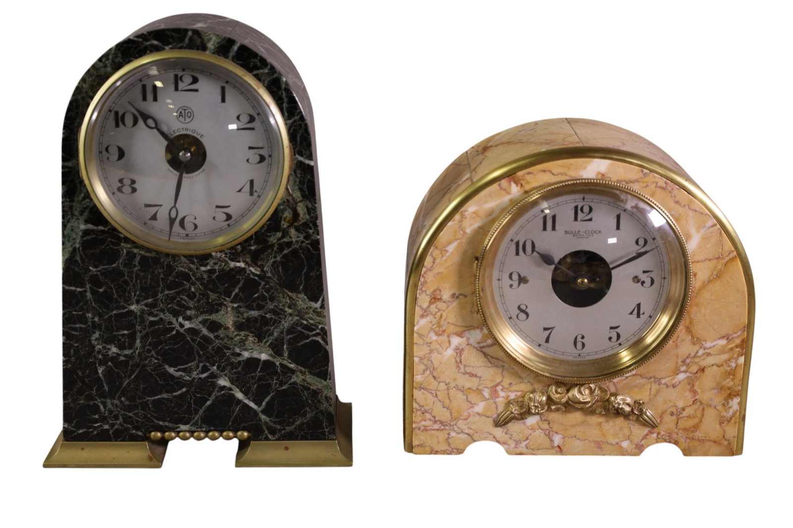 2 MARBLE ELECTRIC MANTLE CLOCKS: BOULLE-CLOCK FRENCH MARBLE CLOCK, & ATO ELECTRIQUE MARBLE MANTLE CLOCK, 8" - 11" H. ALL CLOCKS ARE SOLD AS IS WE DO NOT GUARANTEE WORKING ORDER