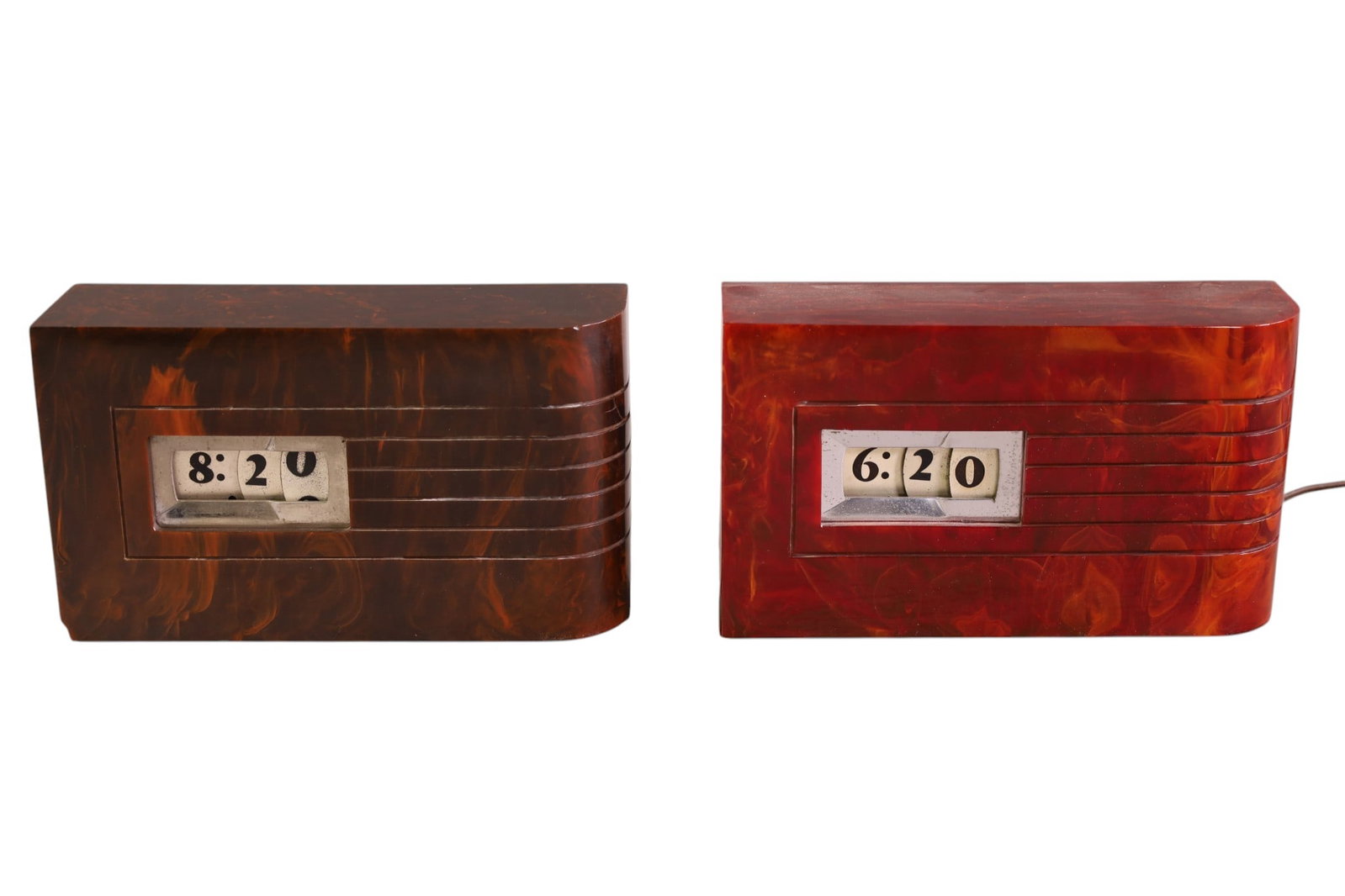 2 ART DECO ELECTRIC CLOCKS: BAKELITE ART DECO MANTLE CLOCKS, WINDSLOW. CRACK TO CASE. 8 1/2" L