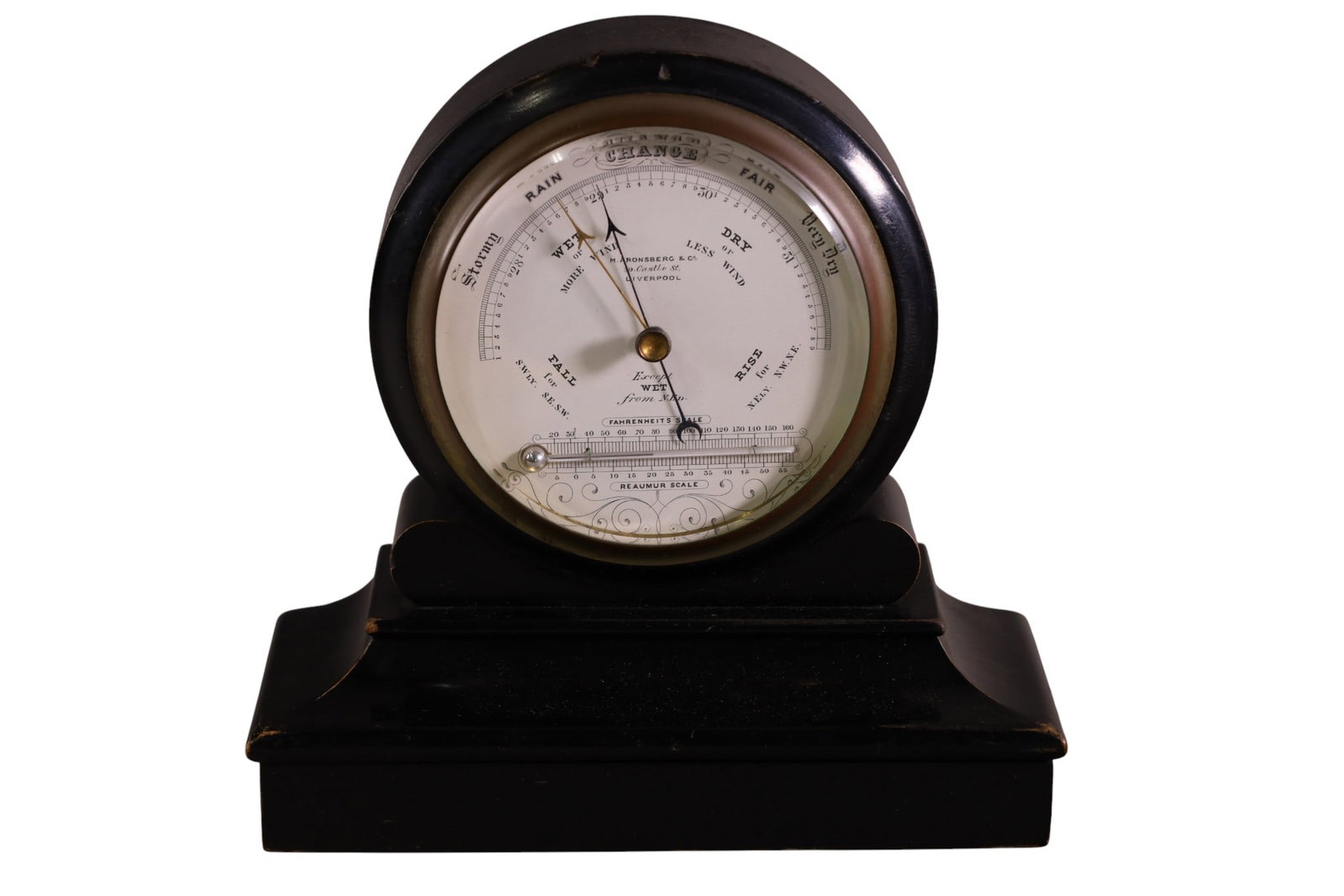 M. ARONSBERG BAROMETER: WOODEN CASE BAROMETER, M. ARONSBERG. 8 1/2" W x 8 1/2" H.