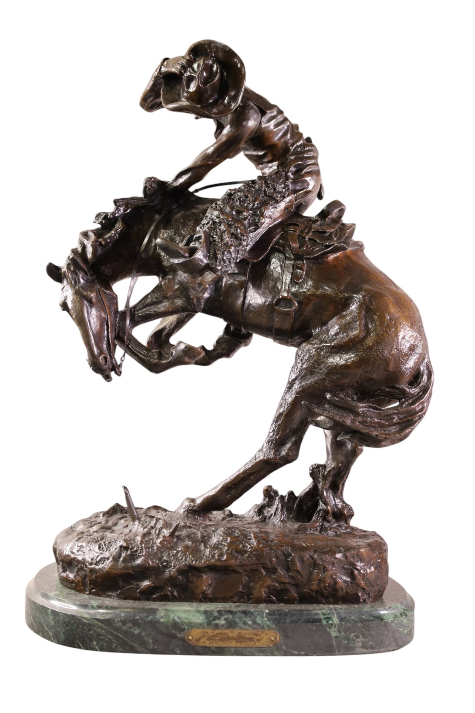 FREDERIC REMINGTON RECAST RATTLESNAKE BRONZE: LARGE FREDERIC REMINGTON BRONZE SCULPTURE, ON MARBLE BASE, 16" W x 24" H. THIS ITEM EXCEEDS SIZE, WEIGHT, AND OR FRAGILITY LIMITATIONS FOR IN HOUSE SHIPPING, MUST BE PICKED UP IN HOUSE OR SHIPPED VIA