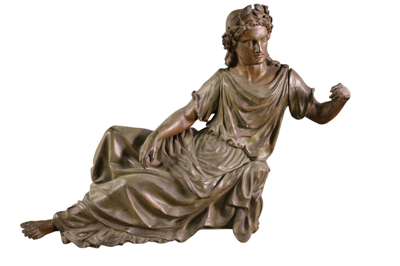 BRONZE LADY STATUE: VICTORIAN RECLINING LADY FIGURE, CRACKS TO BACK LEGS. 19" x 13"