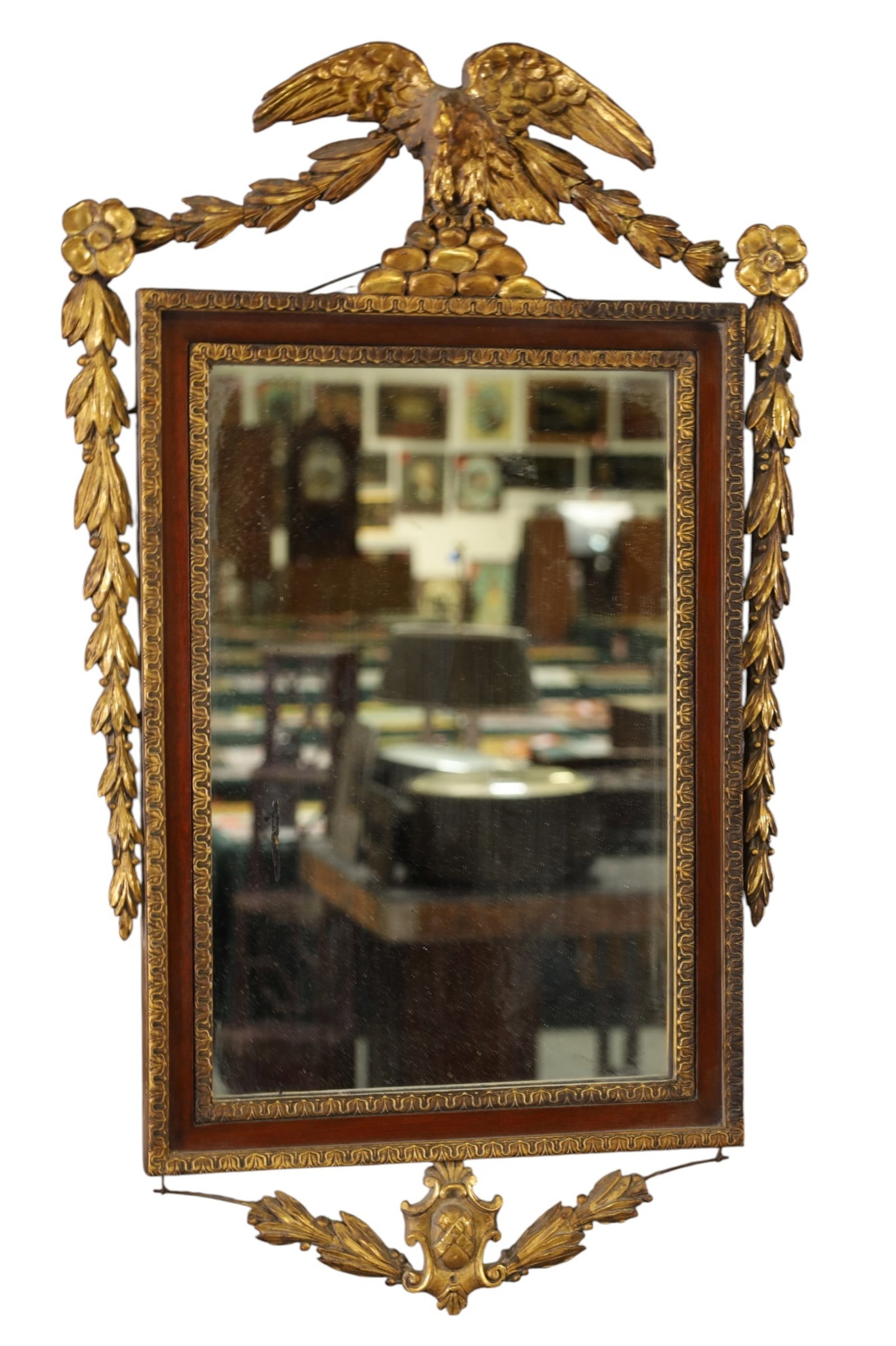 FEDERAL WALL MIRROR: FEDERAL WALL MIRROR, WOOD AND GESSO, EAGLE TOP. CRACKS TOP TOP. MISSING GESSO. 17 1/2" x 29 1/2"