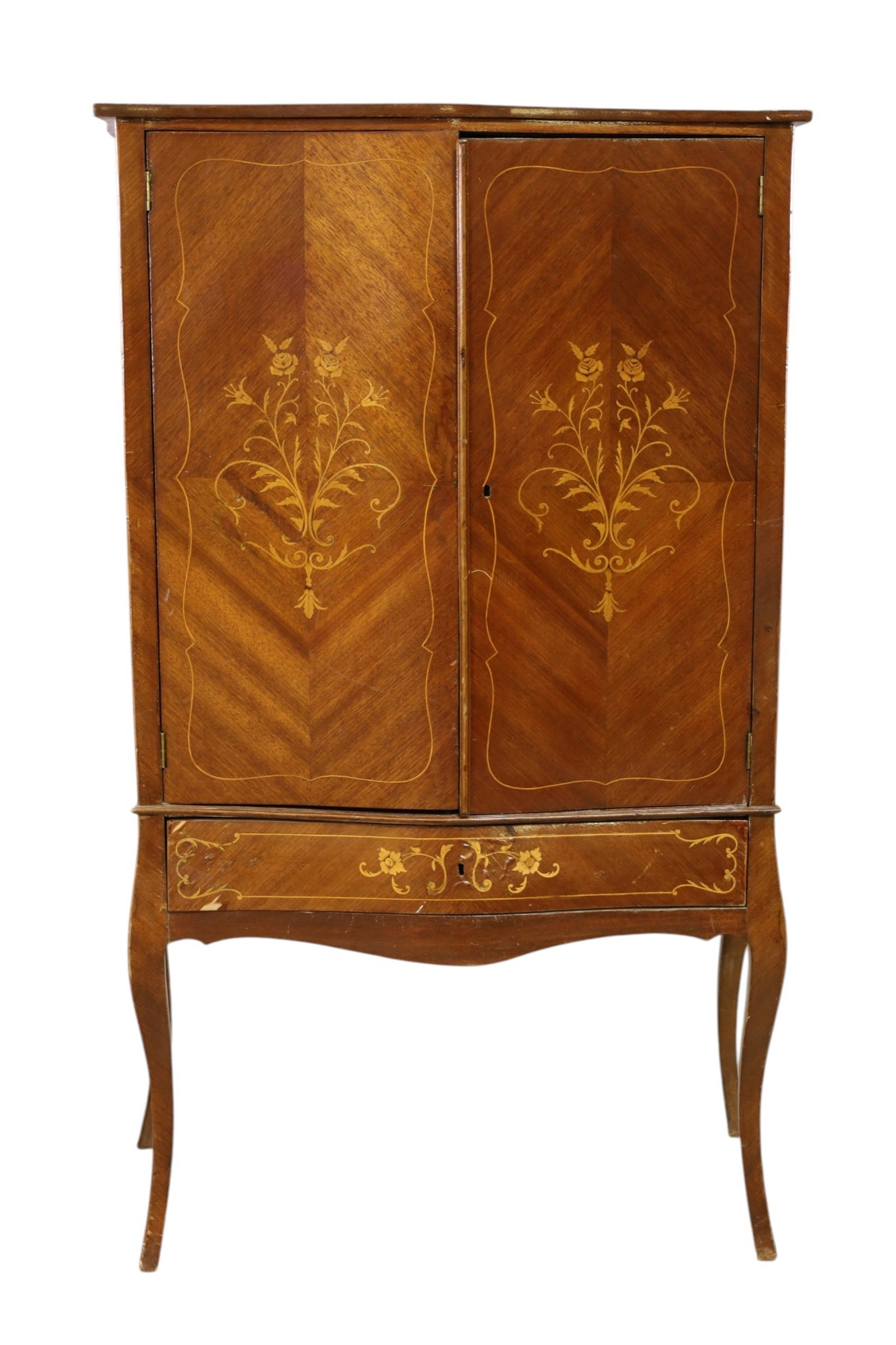 INLAID FRENCH CLOSED DOOR CHINA CABINET: TWO DOOR INLAID FRENCH CLOSED DOOR CHINA CABINET, LOWER DRAWER, VENEER DAMAGE, DOOR IS WARPED. 35" W x 15" D x 57 1/2" H. THIS ITEM EXCEEDS SIZE, WEIGHT, AND OR FRAGILITY LIMITATIONS FOR IN HOUSE